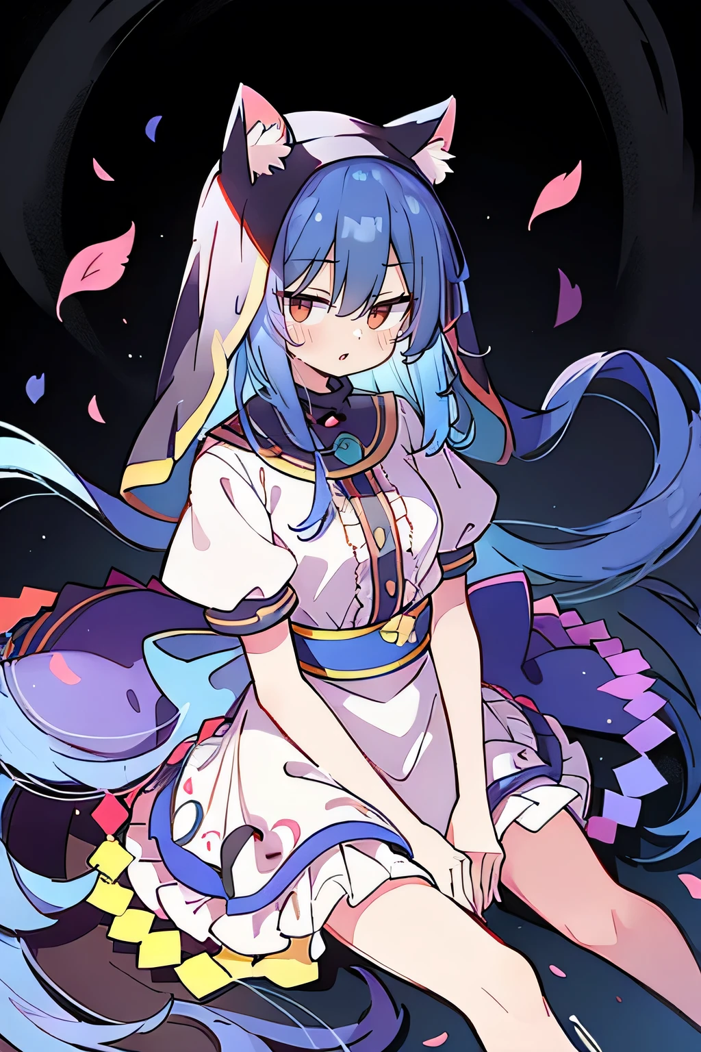 (masterpiece:1.2),Extremely detailed,Practical,expressive eyes,Fair skin,Perfect face shaping,1 Girl,
Japanese cartoons,Gorgeous blue hair, the long flowing blue hair,Floating clothes,Cat ears,Petals fall,beautiful lola,Angel,
Place your hands on your waist,sit elegantly on the ground,Cross your legs,Gentle and peaceful background,stately church,nun.