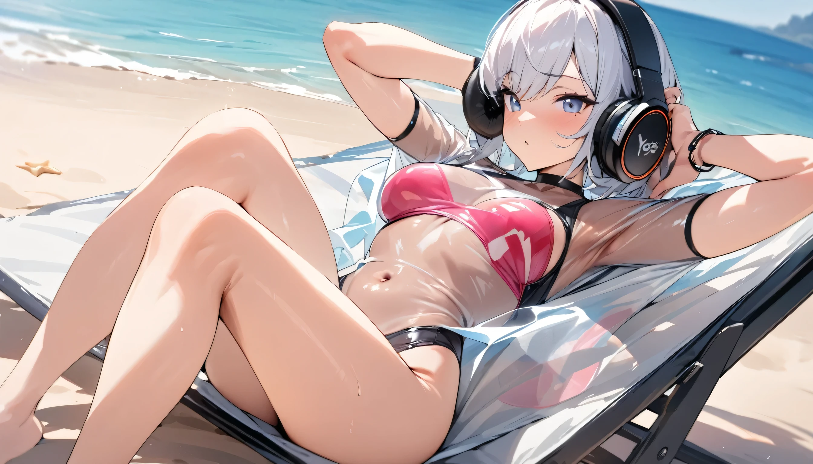 ((Top Quality)), ((Masterpiece)), ((Detail)), Perfect face, Perfact bodty, sitting on the beach, listening to music, wearing headphones, wearing swimsuits, swimsuits are transparent, legs open Sitting wide open, wearing tight clothing (yes, buttocks and breasts are exposed). I see a face