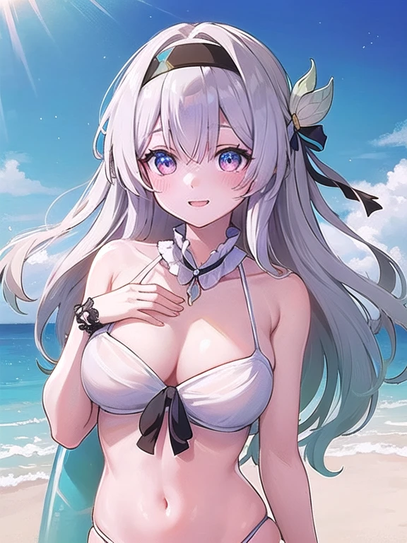 (masterpiece:1.3),((High resolution)),((high quality)),((Very detailed))、1 girl、Perfect balance、Perfect Face、Detailed face、Cute Face、beautiful詳細な目、Expressive eyes、Cute eyes、Shining Eyes、Perfect body、beautiful体、(((White Bikini)))、(Big Breasts)、(head shot)、Embarrassing、blush、Beach、beautiful女の子、Cute Face、beautiful顔、Cute Face、beautiful、最high quality、Excellent anatomy、Decorations,fire Fly\(Collapse：Star Rail\)、Multicolored Eyes、white[Grey or Sliver]hair、Black hair band、Purple eyes、smile、Mouth closed、blush、Are standing、From below、(Browsing Caution:1.3)