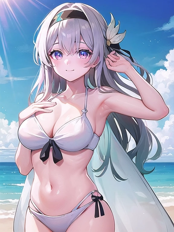(masterpiece:1.3),((High resolution)),((high quality)),((Very detailed))、1 girl、Perfect balance、Perfect Face、Detailed face、Cute Face、beautiful詳細な目、Expressive eyes、Cute eyes、Shining Eyes、Perfect body、beautiful体、(((White Bikini)))、(Big Breasts)、(head shot)、Embarrassing、blush、Beach、beautiful女の子、Cute Face、beautiful顔、Cute Face、beautiful、最high quality、Excellent anatomy、Decorations,fire Fly\(Collapse：Star Rail\)、Multicolored Eyes、white[Grey or Sliver]hair、Black hair band、Purple eyes、smile、Mouth closed、blush、Are standing、From below、(Browsing Caution:1.3)