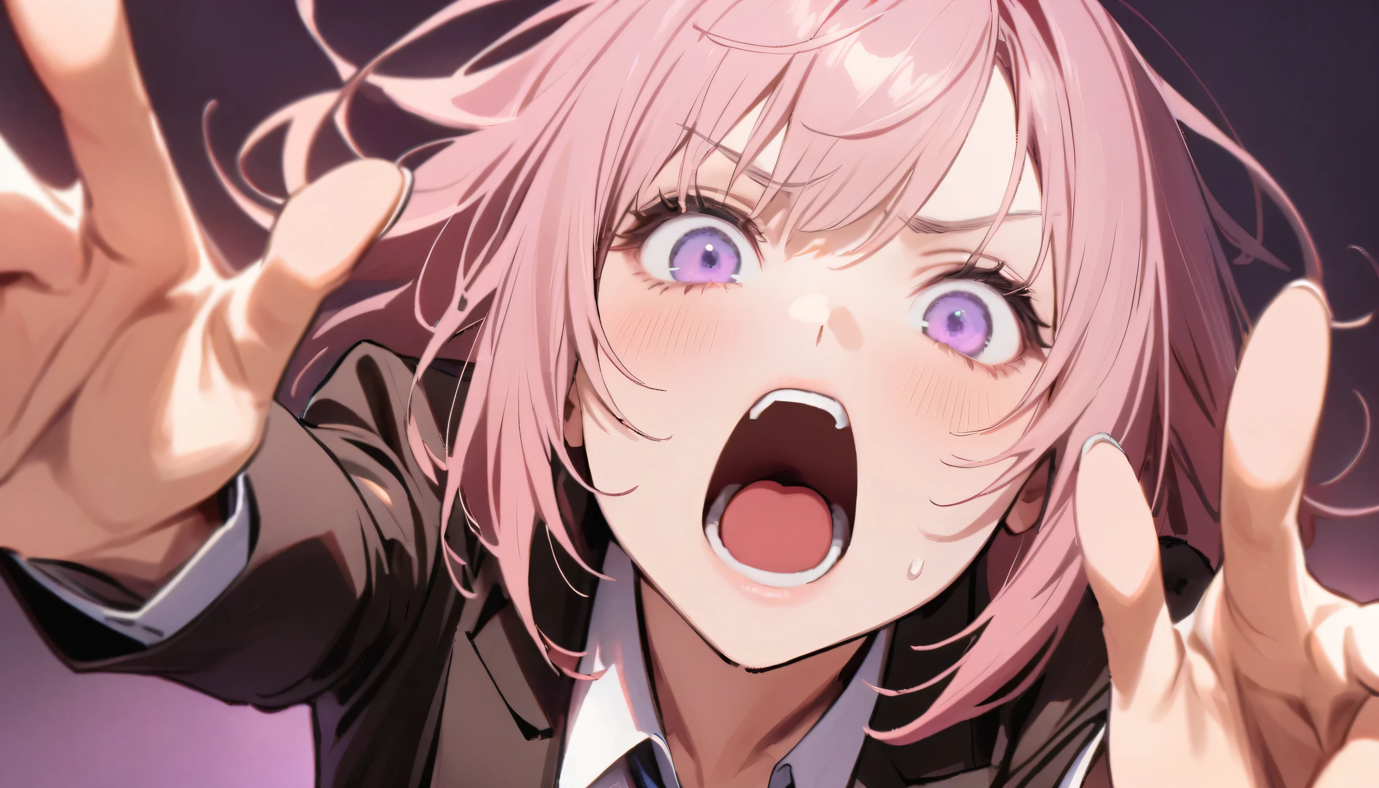 girl,nice, 1 person, Dark atmosphere, Black purple background, Gloomy face、whole body、Tired look、Corporate slave、suit、My eyes are tired、Looks sleepy、Double peace sign in the center、Dynamic Pose、Sideways、Open your mouth wide、shout、Perfect hands