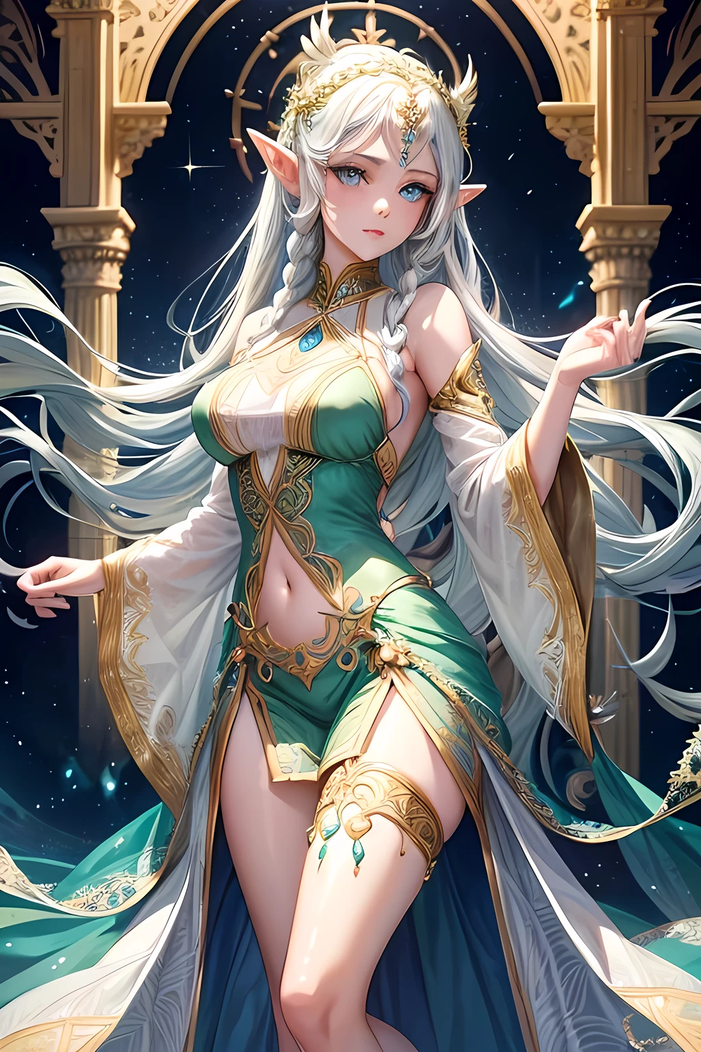 Elven maiden, captivating, 1 subject, ethereal features, intricate elven-like ears, delicate nose, captivating emerald eyes adorned with shimmering jewels, long flowing silver hair styled in intricate braids, cascading down her back. She is adorned in a form-fitting outfit of white and gold, showcasing her trim waist and slender figure. The outfit consists of a fitted tunic adorned with intricate patterns, paired with lacy, diaphanous shorts. The ensemble is completed with a pair of delicate, intricately designed sandals and a pair of trendy, fashionable sunglasses. The setting