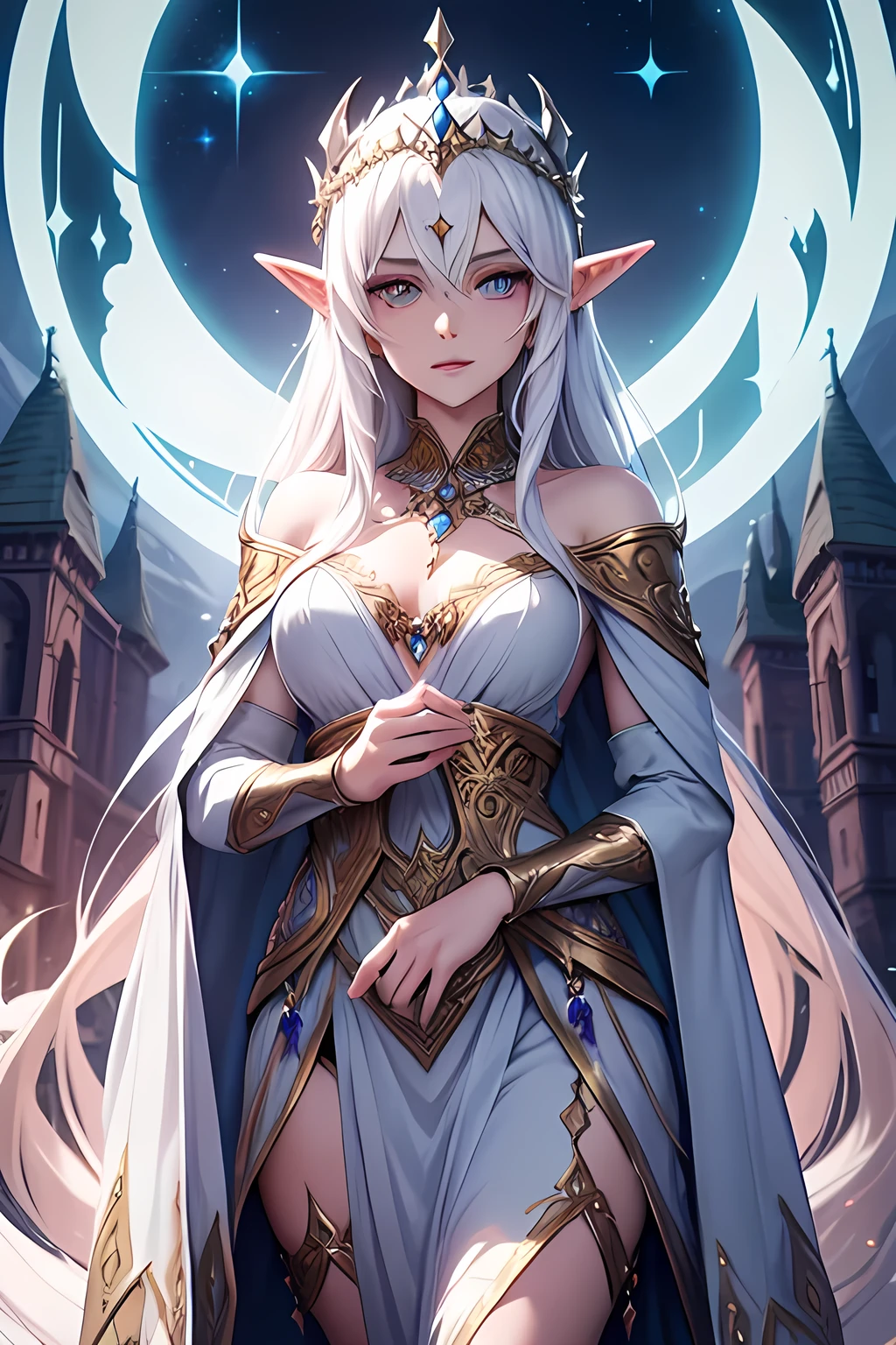 Elven Enchantress in a Magnificent Formal Gown

Exquisite Facial Features Depicting the Perfection of Elvenkind, Three-dimensional Facial Features, Perfect Face,
Wearing a Majestic Elven Crown adorned with Moonstones, Wearing a Long, Lavender Gown with Detailed Embroidery,
Carrying a Crescent Moon Amulet on a Shimmering Silver Chain,
Wearing Anklet Boots that Sparkle under the Faerie Light,
Her Elven Eyes Twinkling with Wisdom and Magic, Her Teeth White and Sharp,
Bearing a Slender Frame with Willow-like Ar