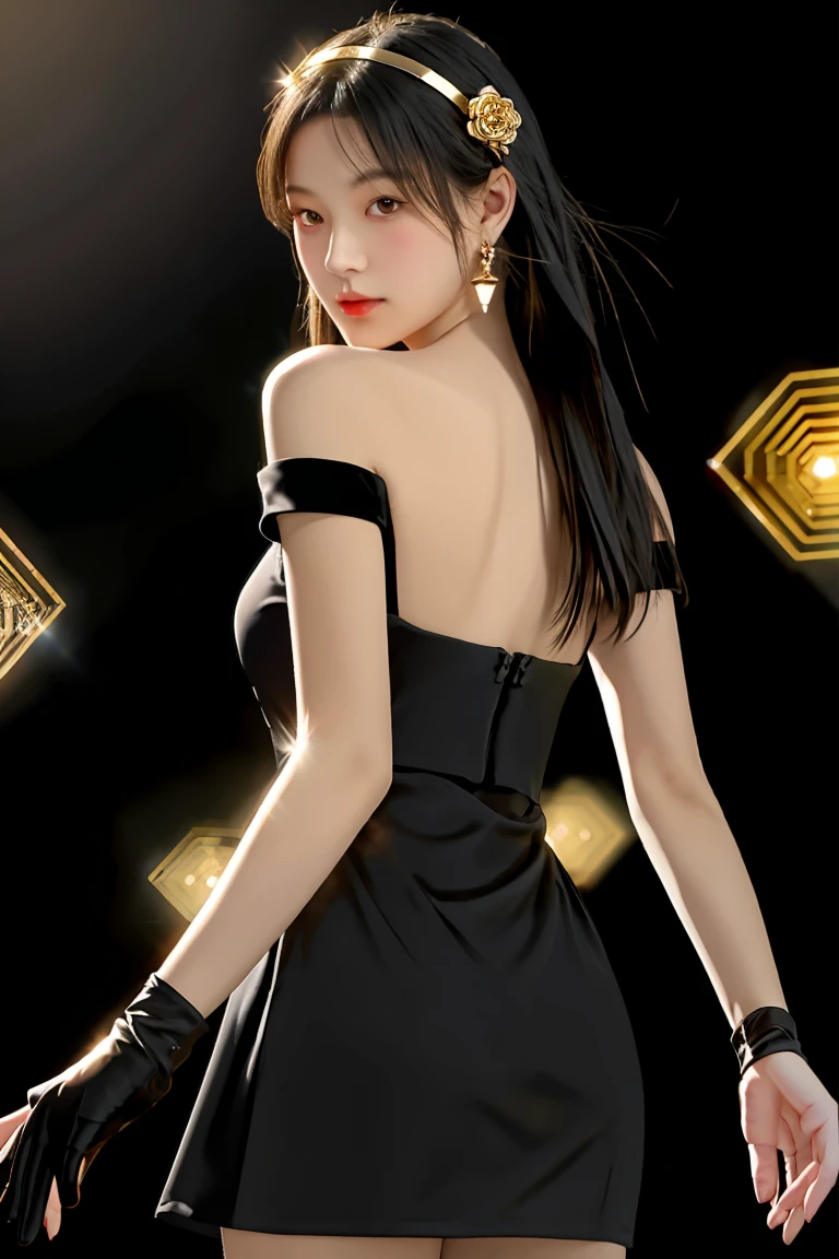 yor briar, (photorealistic), beautiful girl,backlighting, bare shoulders, black background, no clothes, black gloves, black hair, breasts, closed mouth, cowboy shot, dress, earrings, expressionless, fingerless gloves, floating hair, gloves, gold earrings, gold hairband, hair flower, hair ornament, hairband, jewelry, large breasts, light particles, long hair, looking at viewer, off-shoulder dress, off shoulder, petals, red eyes, short hair with long locks, sidelocks, solo, spikes, thighs, two-sided dress, two-sided fabric, ((masterpiece)) naked portrait, nude photography, shiny nipple,