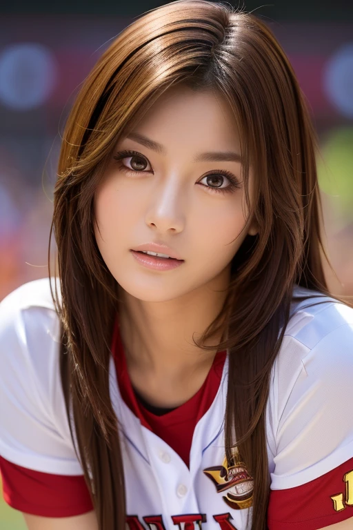 (((Catch ball, Baseball uniform, Baseball, Ground))), Dynamic, cinematic photos,(Ultra Realistic, High resolution), (Highly detailed eyes, Highly detailed hair, highly Detailed face, Highly detailed plump lips,Perfect Anatomy),(highest quality:1.4), (Realistic, photo-Realistic:1.37), Professional photography, Cinematic Light, (Detailed face: 1.2), Brunette woman,slim,(Beautiful leg lines ),(Famous Japanese actresses:1.2),Highly detailed skin,very thin fingers, Highly detailed nose, Highly detailed mouth,Very beautiful legs,Highly detailed background,RAW Photos,