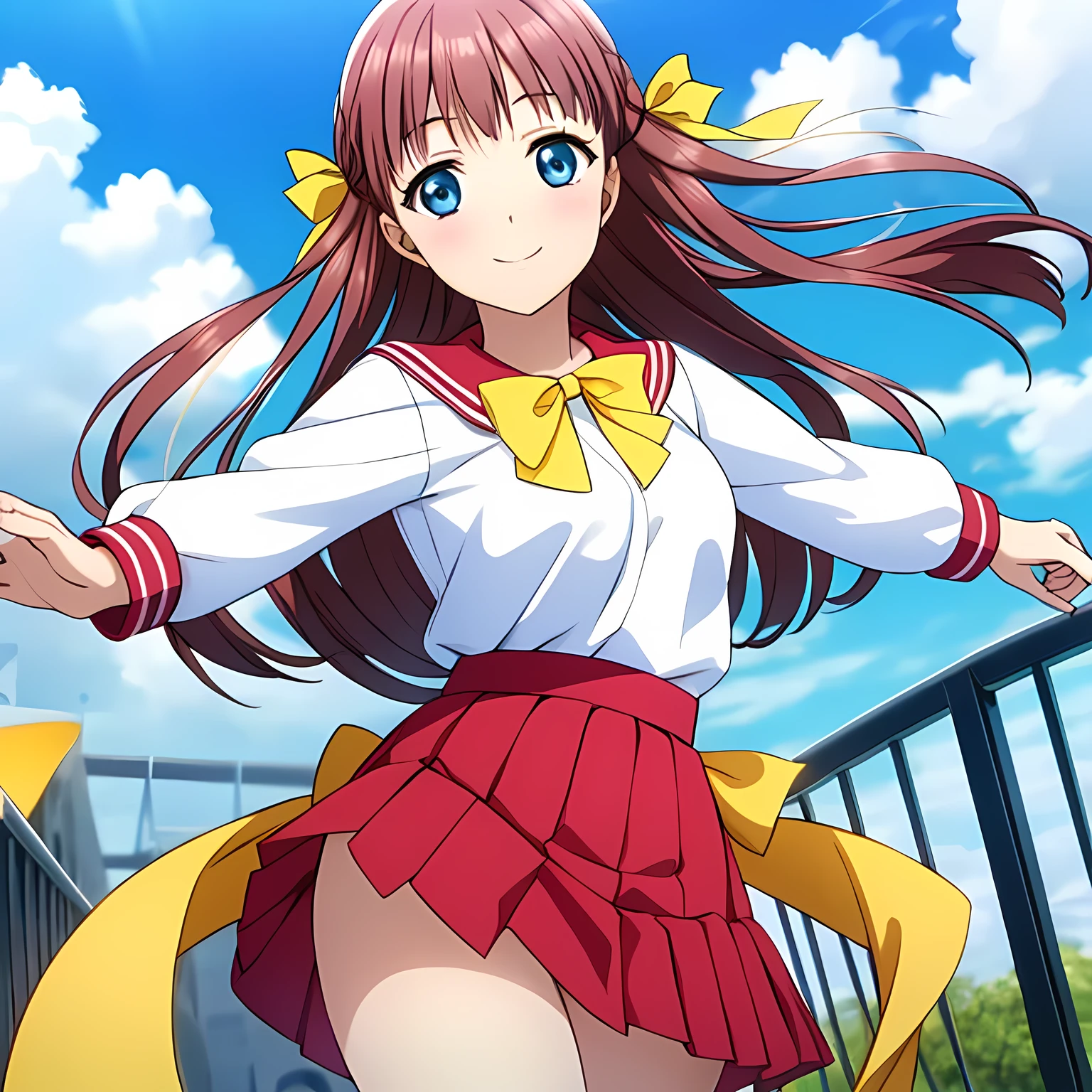 (highest quality, masterpiece:1.2), highest quality, High resolution, 1080p, 8K, CG of the heroine of a beautiful girl game, Height: 158cm, A beautiful heroine falls upside down from the deep blue sky with a smile on her face, A face that everyone loves, Glossy lips, Even bangs, Double, Long eyelashes on both the top and bottom, Big wide blue eyes, The very large and thick yellow ribbon bowtie is very cute., Beautiful, shiny red long hair, A neat red pleated skirt that reaches down to the knees, ((Red collar of sailor suit)), (((Light pink blouse))), Ribbon in hair, Thick calves, Tight waist, Navy blue pleated skirts fall from the sky, Approaching the viewer with open arms, Trying to kiss the viewer, Shooting from below