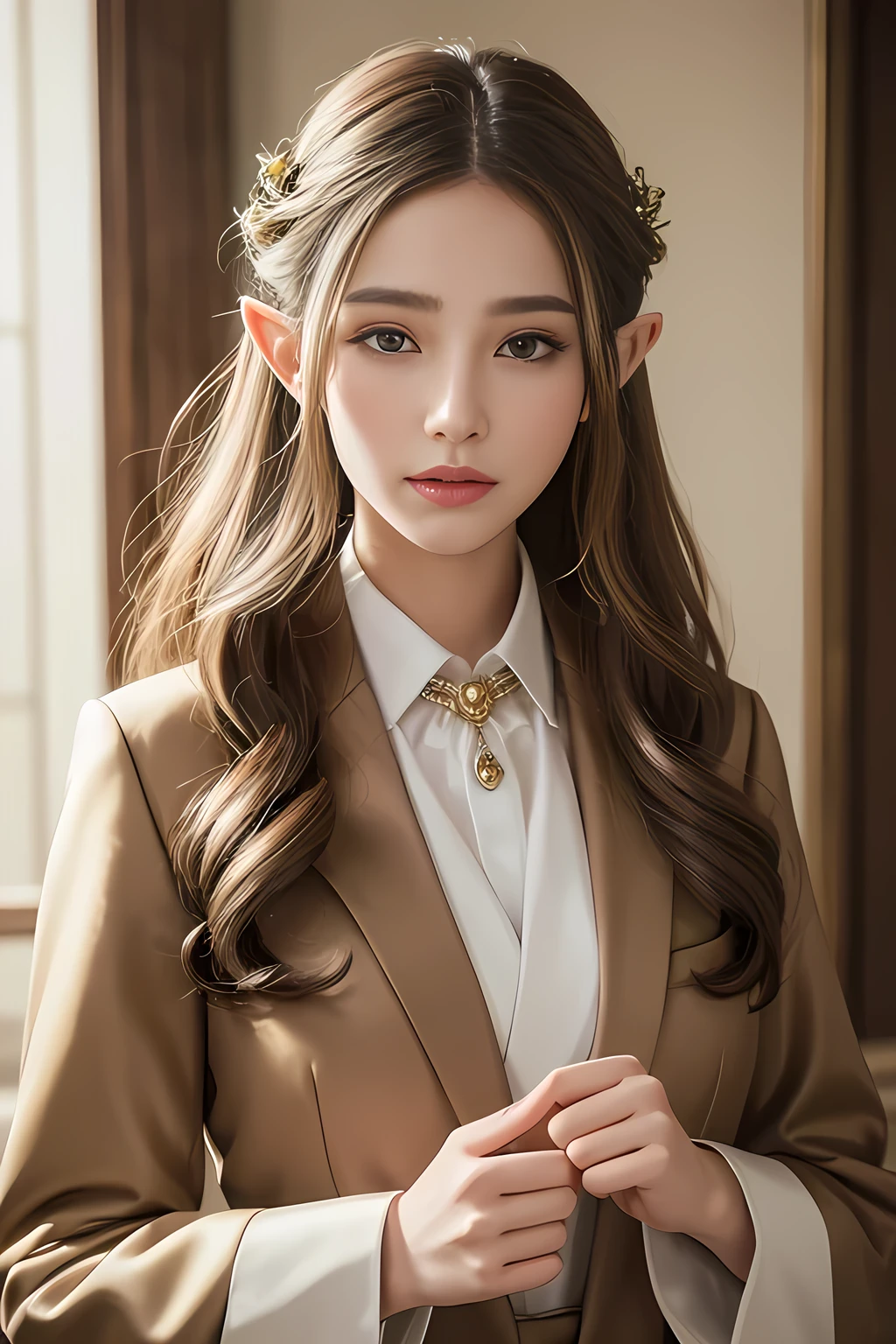 Elf, Formal Suits
(Masterpiece: 1.3), (8K, Photorealistic, High-Quality: 1.4), Elf, (Ethereal face), (Noble hairstyle), Realistic Elfin eyes, Detailed Elfin features, High resolution, Ultra-realistic, High detailing, Golden ratio, (Detailed Face: 1.2), (Enthralling to behold), (Masterpiece), (Best Quality), (Ultra-detailed, Finely detailed), High resolution, Composition of the whole body, High collar formal suits, Natural Color Lip, (Photorealistic, Realistic, Independent