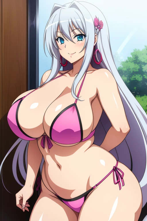 Highschool Dxd, Rossweisse, 1girl, (((bimbo))), white long hair, blue eyes, ear rings, (((bimbo))), puffy lips, thick lips, smile face, wide hips, thick thighs, huge round ass, huge natural breasts, white bikini, cleavage,