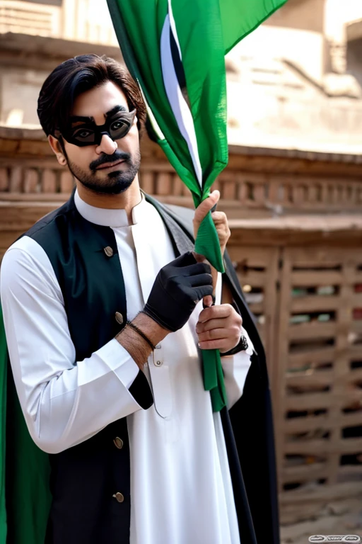 Pakistan man dress as batman wearing pakistan traditional clothes and holding pakistan flag in lahore eating chappatti