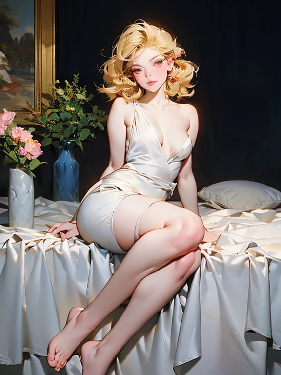 melancholy Lights, quiet, Calm, Luminance, masterpiece, 最high quality, 1 big breasted girl, (Kim Kroll:1.2), (Surrealism:1.3), (masterpiece:1.4), 最high quality, ((Actual)), high quality, Very detailed, ((The real picture)), ((Realistic Skin)), ((Realistic Face)),(revelation:1.05), (beautiful:1.05), (Beautiful and delicate eyes:1.05), (Light:1.1), Full body woman love, Exact ratio, 18-year-old girl, Slender model lying next to the bed, Short blonde hair fluttering in the wind, thin, Leg Length, Open your feet sLightly, Gluteus, My face turned red, Very shy, clavicle, Abdominal muscles, Double Knit, Beautiful and delicate face, Fair skin, Genuine Leather, (Facial details), pores, Ultra-high resolution, 8k, Parameter 最high quality, masterpiece, Ultra-high resolution, (Reality 2.0), More Information, Delicate skin, clean, Bright smile, White teeth, short blonde curly hair, Perfect and well designed eyes, she, beautiful, beautiful, flowering, 演播室Light