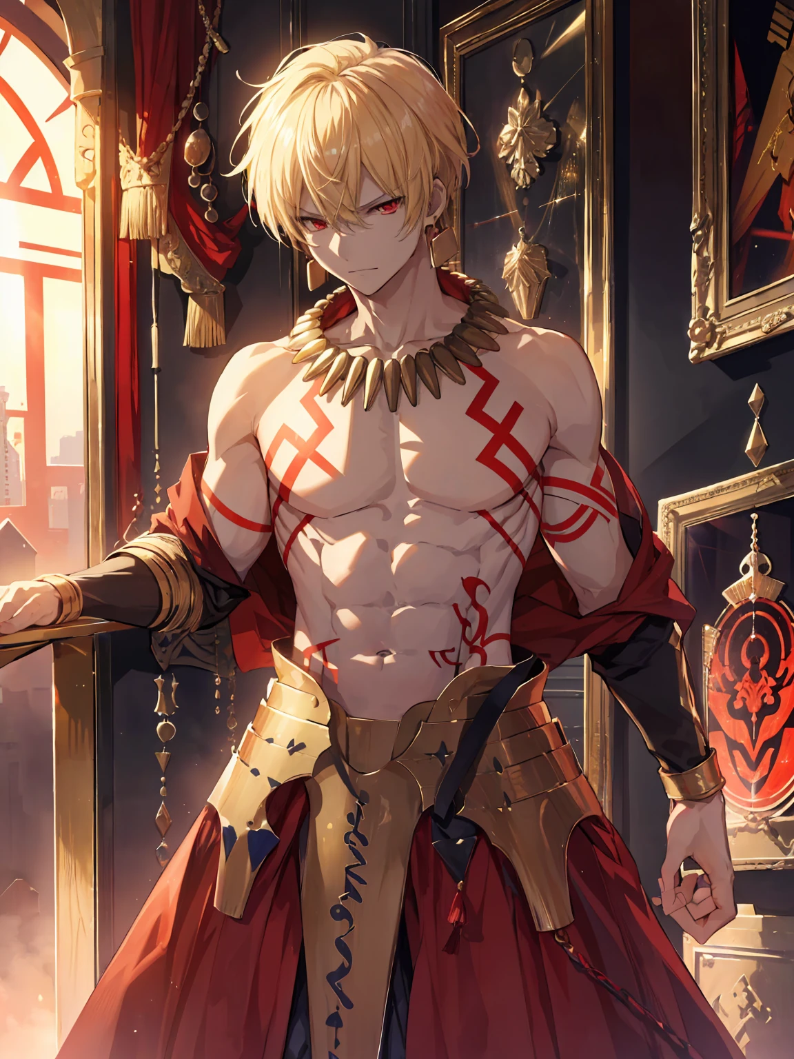 absurdres, highres, ultra detailed, HDR) master piece, best quality, Gilgamesh, blonde hair, expressive red eyes, solo, man, handsome, toned chest, topless, red tattoo, golden earrings, jewelry, golden armor, gate of babylon