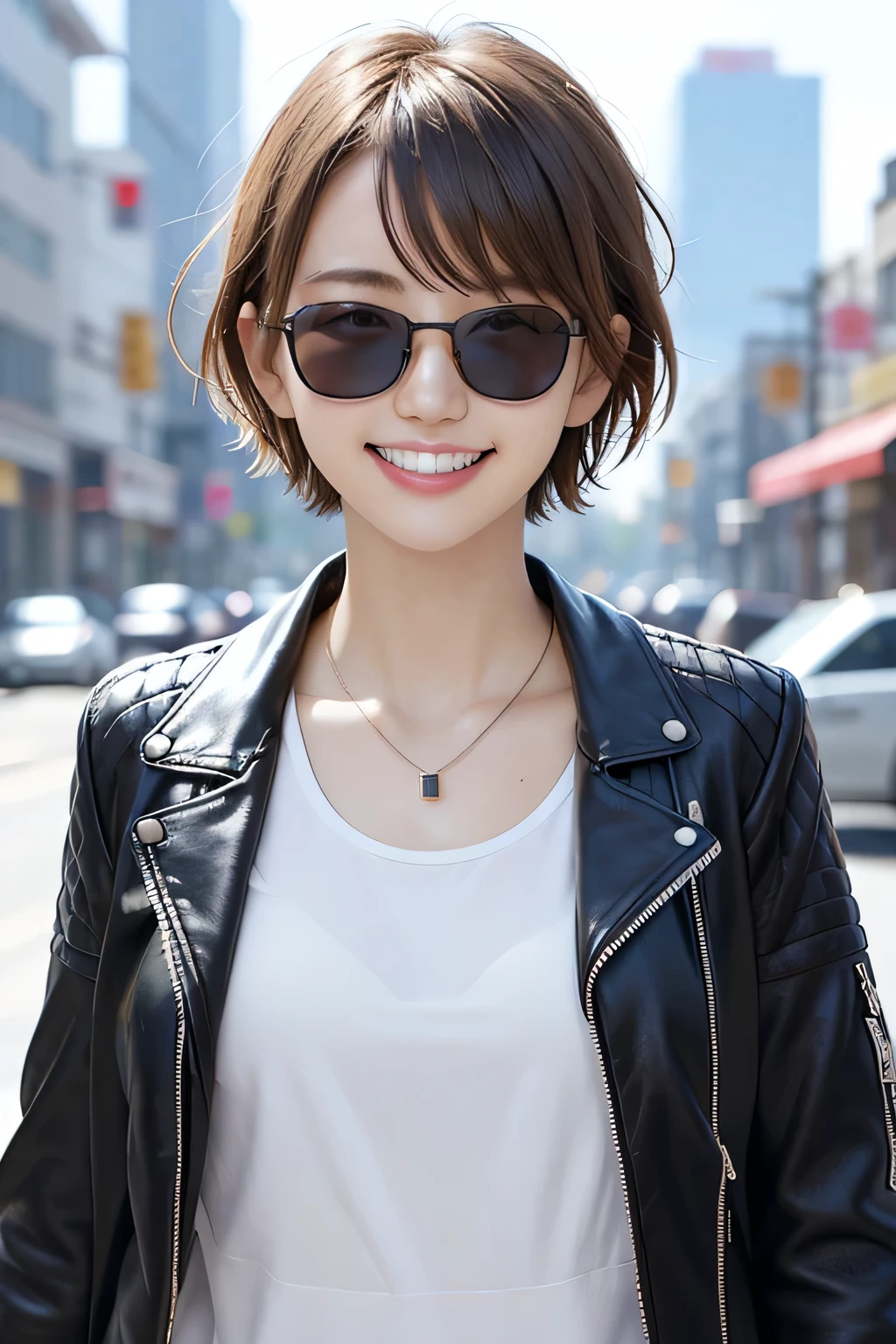 205 ((short hair)), 20-year-old female, In underwear、(Leather jacket with sleeves unworn)、Wear a jacket over your shoulders、Misaligned sunglasses、smile、Beautiful teeth alignment、、Black Hair、ear piercing、Necklace around the neck、Looking into the camera, The background is the city