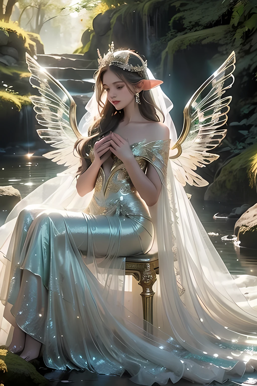 Elven bride, resplendent in a shimmering white wedding gown, sitting majestically on a moss-covered stone throne, adorned with intricate gold and silver filigree, dainty pointed ears peeking out from long, flowing golden hair, twinkling eyes glowing with an otherworldly and enchanting radiance, soft light cascading through the lace veil and illuminating her delicate features, glistening wings resting gently by her side, sparkling wedding dress with a hint of emerald green and gold, embodying the ethereal beauty of the enchanted forest, serene and unparalleled in her enchanting bridal elegance.