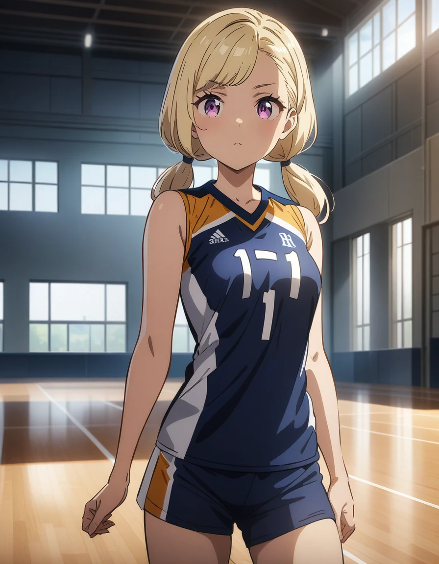 masterpiece, best quality, very aesthetic, absurdres, 1girl, beautiful face, small eyes, asymmetrical bangs, light blonde hair, low twintails hair, straight hair, small breasts, anime artwork, super fine illustration, ultra detailed, Wearing a volleyball uniform, practicing in a gymnasium, illustration style, outdoors, cowboy shot, looking viewer