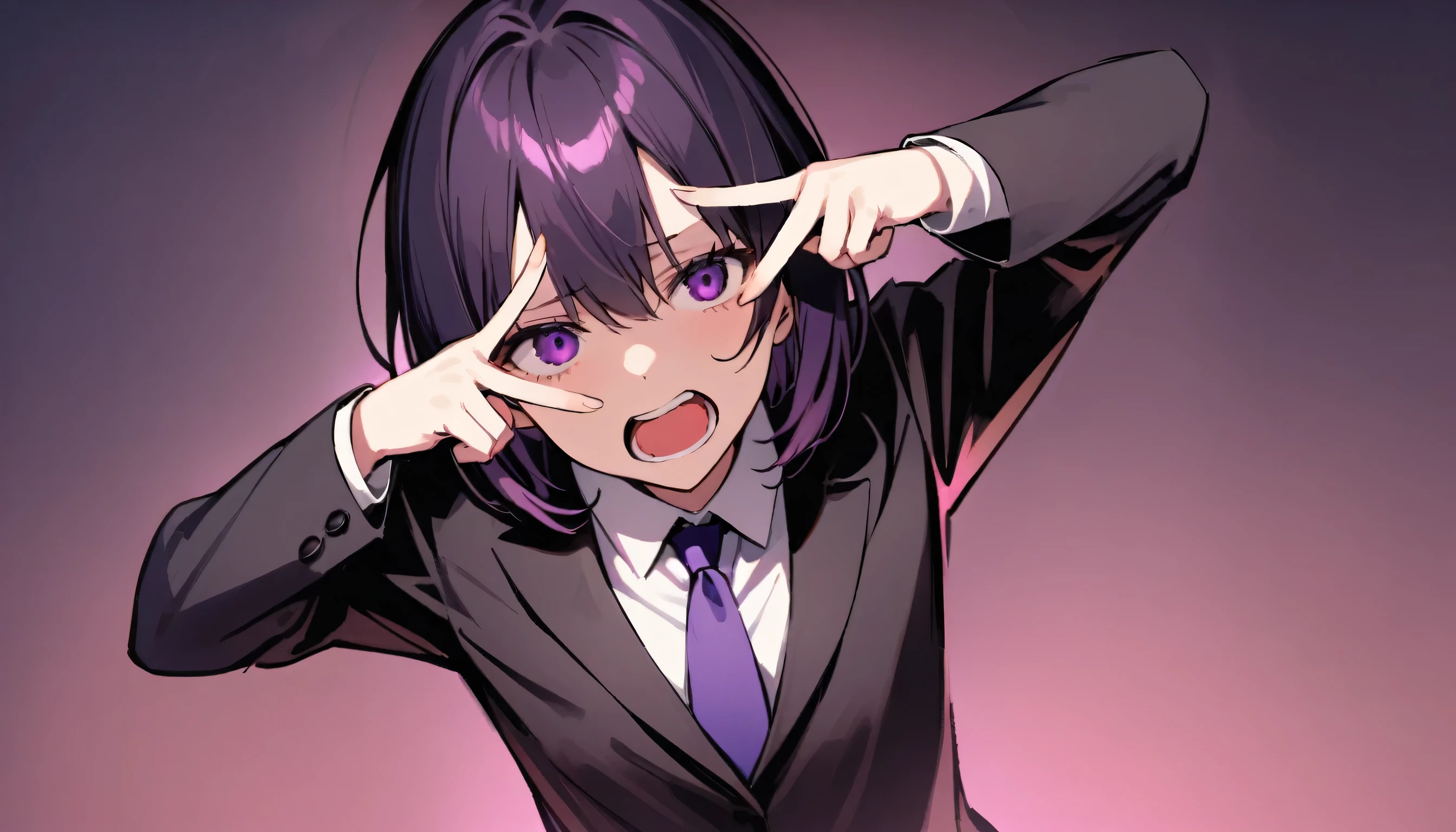 girl,nice, 1 person, Dark atmosphere, Black purple background, Gloomy face、whole body、Tired look、Corporate slave、suit、My eyes are tired、Looks sleepy、Double peace sign in the center、Dynamic Pose、Sideways、Open your mouth wide、shout、Perfect hands