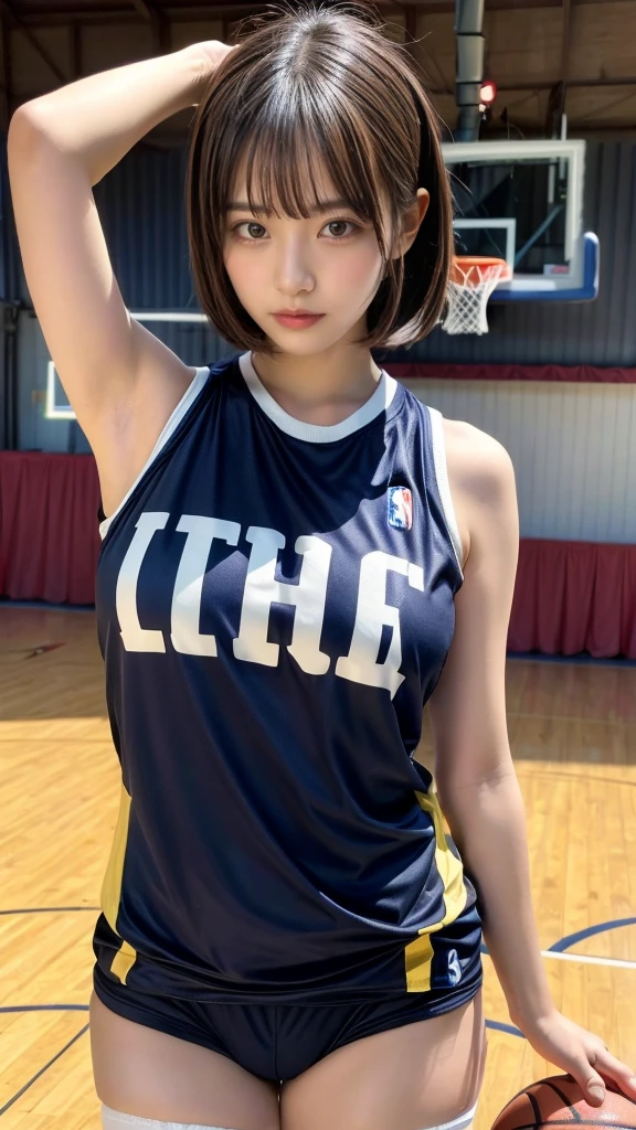 muster piece, best quality, illustration, Super detailed, fine details, High resolution, 8K,wall paper, perfect dynamic composition,(Details High quality, realistic depiction of eyes:1.3), (highest quality), (High resolution), (very delicate and beautiful),(Beautiful 8K face), (NBA),(basketball sportswear),(play basketball),(reality), huge breasts, ((gymnasium)), very short hair, black hair color, Big Natural Color Lip, hands tied above head, (perfect body shape), crying a little、cold gaze, Harajuku style、20 year old girl、cute type、ta, hposing Gravure Idol, full body photo、focus on crotch、thighs exposed