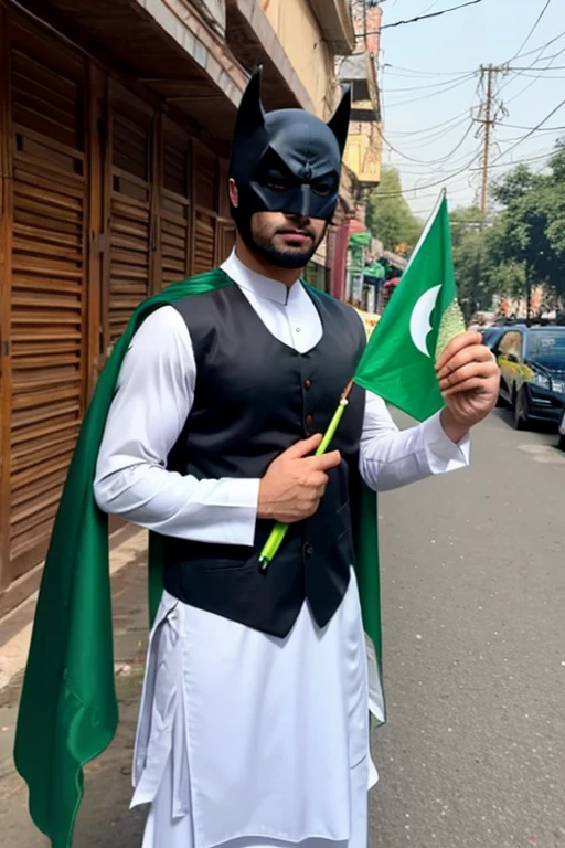 Pakistan man dress as batman wearing pakistan traditional clothes and holding pakistan flag in lahore