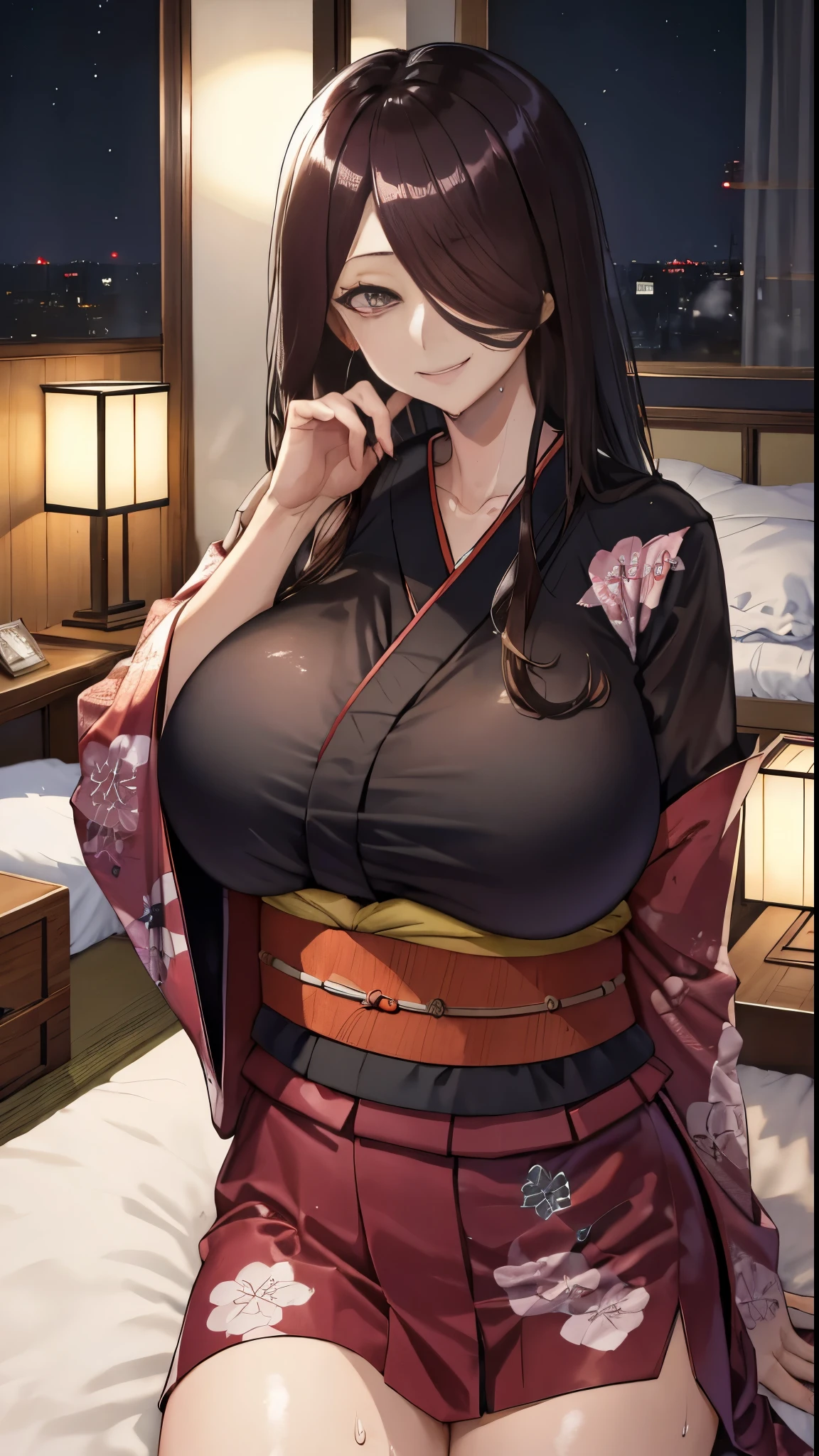 NSFW、1 Female、Brown hair、Brown Eyes、Best Quality、Super detailed、8 Resolution、Raw photo、Mastepiece、Perfect Body、high resolution、Highest quality、Detailed drawing、Vibrant colors、lure、Long Hair、Black-rimmed glasses、Captivating breasts、Big Breasts、Lie down on the futon、Black kimono、Sweat、A flushed expression