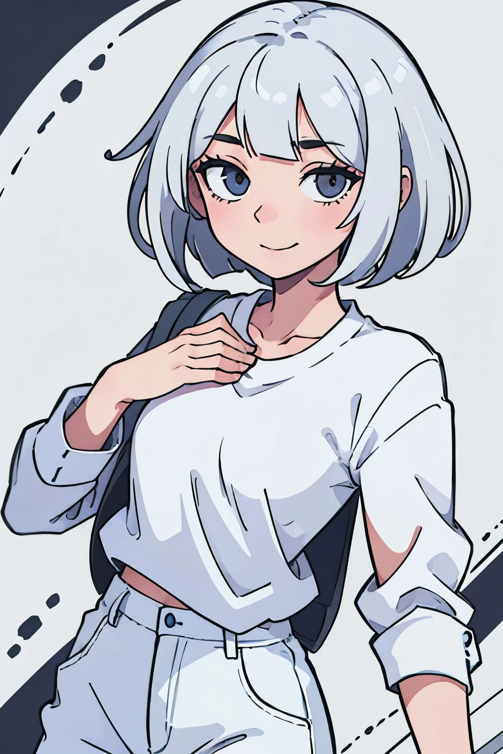 (best quality:0.8) perfect anime illustration, using a bob cut white hair, gray shirt, white pants, happy