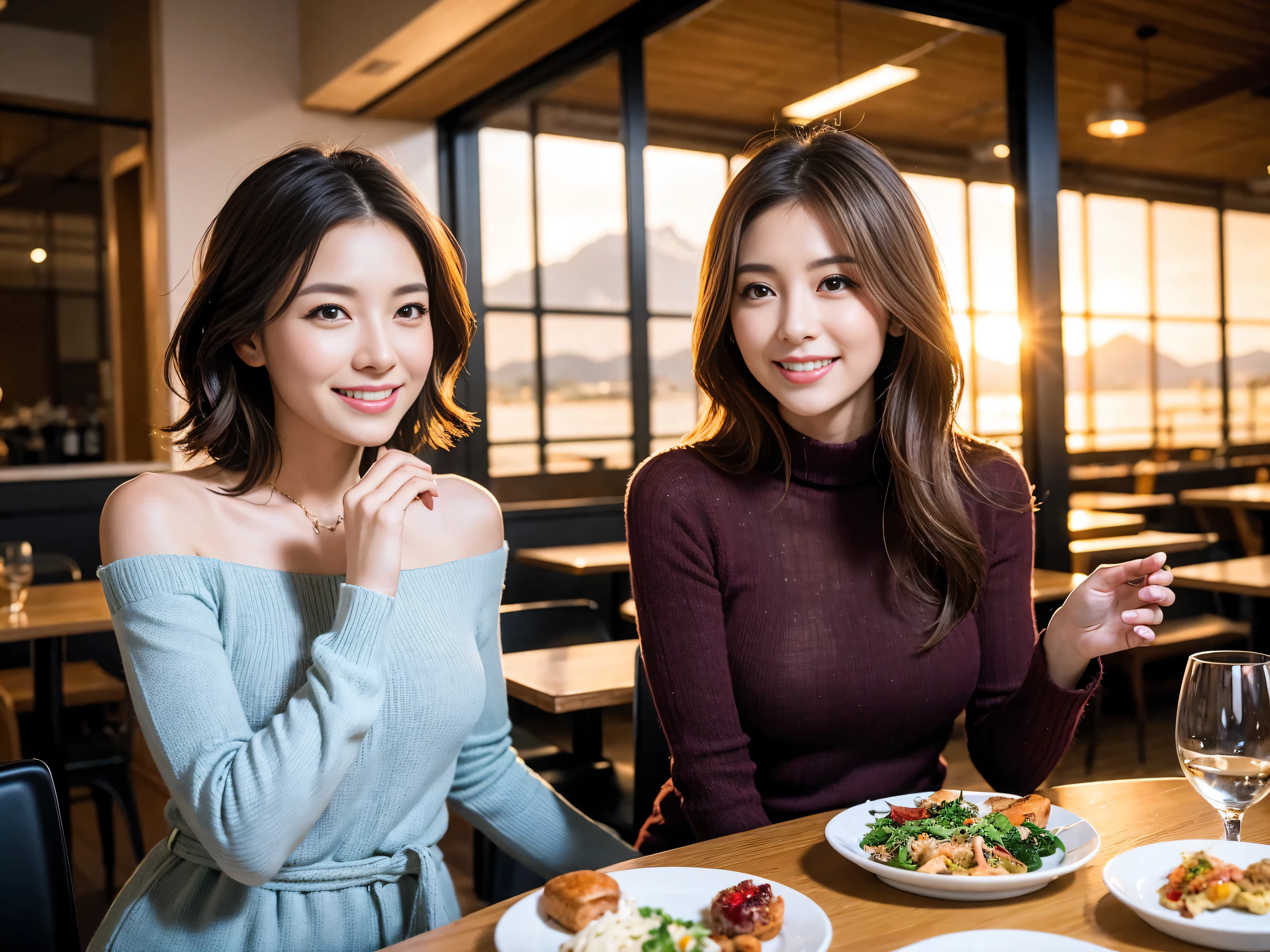 (highest quality、8k、masterpiece:1.3)、Beautiful woman with perfect figure:1.4、Shortcuts beauty who looks like Uchida Yuki、Dark brown hair、wine 、2 people、Knit dress、Highly detailed face and skin、fine grain、double eyelid、テーブルにWine Glass、Facial Lighting、 Amazing view of the sunset sky and clouds、Amazing mountain views、Laugh brightly、Smiling lovely woman、Bright image、The beauty of wine, Beautiful Face, blue eyes, Blushing, short hair,Bright Face、 (36 years old), 39 years old, Lady、Red wine 、Appetizers、Italian food、Wine Bottle、Champagne、Sparkling wine、Two beauties、Brown Hair、Shortcuts、Long sleeve shirt、dress、Pretty Woman 1, (Slim face), (The body is slim), (Brown Hair), (Shortcuts), cheeks turn a little red,Attractive beauty、, Out of the window, A beautiful and detailed night view unfolds.........., restaurant, In a prominent place (From the waist up) Nova Frog Style, actress, model, Upper Body, White wine, slim, Wine Glass,