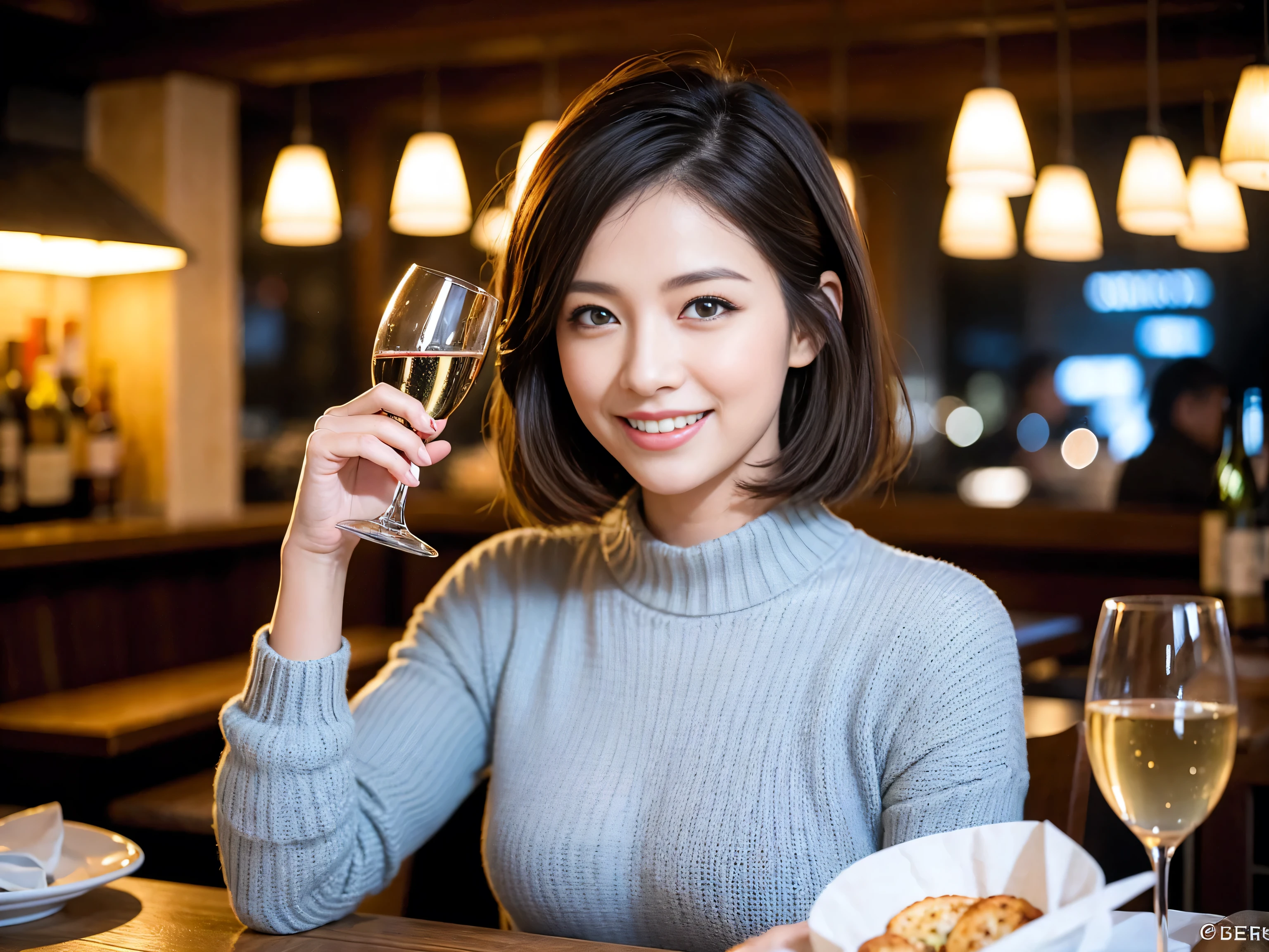 (highest quality、8k、masterpiece:1.3)、Beautiful woman with perfect figure:1.4、Shortcuts beauty who looks like Uchida Yuki、Dark brown hair、wine  、2 people、Knit dress、Highly detailed face and skin、fine grain、double eyelid、テーブルにWine Glass、Facial Lighting、 Amazing view of the sunset sky and clouds、Amazing mountain views、Laugh brightly、Smiling lovely woman、Bright image、The beauty of wine, Beautiful Face, blue eyes, Blushing, short hair,Bright Face、 (36 years old), 39 years old, Lady、Red wine 、Appetizers、Italian food、Wine Bottle、Champagne、Sparkling wine、Two beauties、Brown Hair、Shortcuts、Long sleeve shirt、dress、Pretty Woman 1, (Slim face), (The body is slim), (Brown Hair), (Shortcuts), cheeks turn a little red,Attractive beauty、, Out of the window, A beautiful and detailed night view unfolds.........., restaurant, In a prominent place (From the waist up) Nova Frog Style, actress, model, Upper Body, White wine, slim, Wine Glass, 
