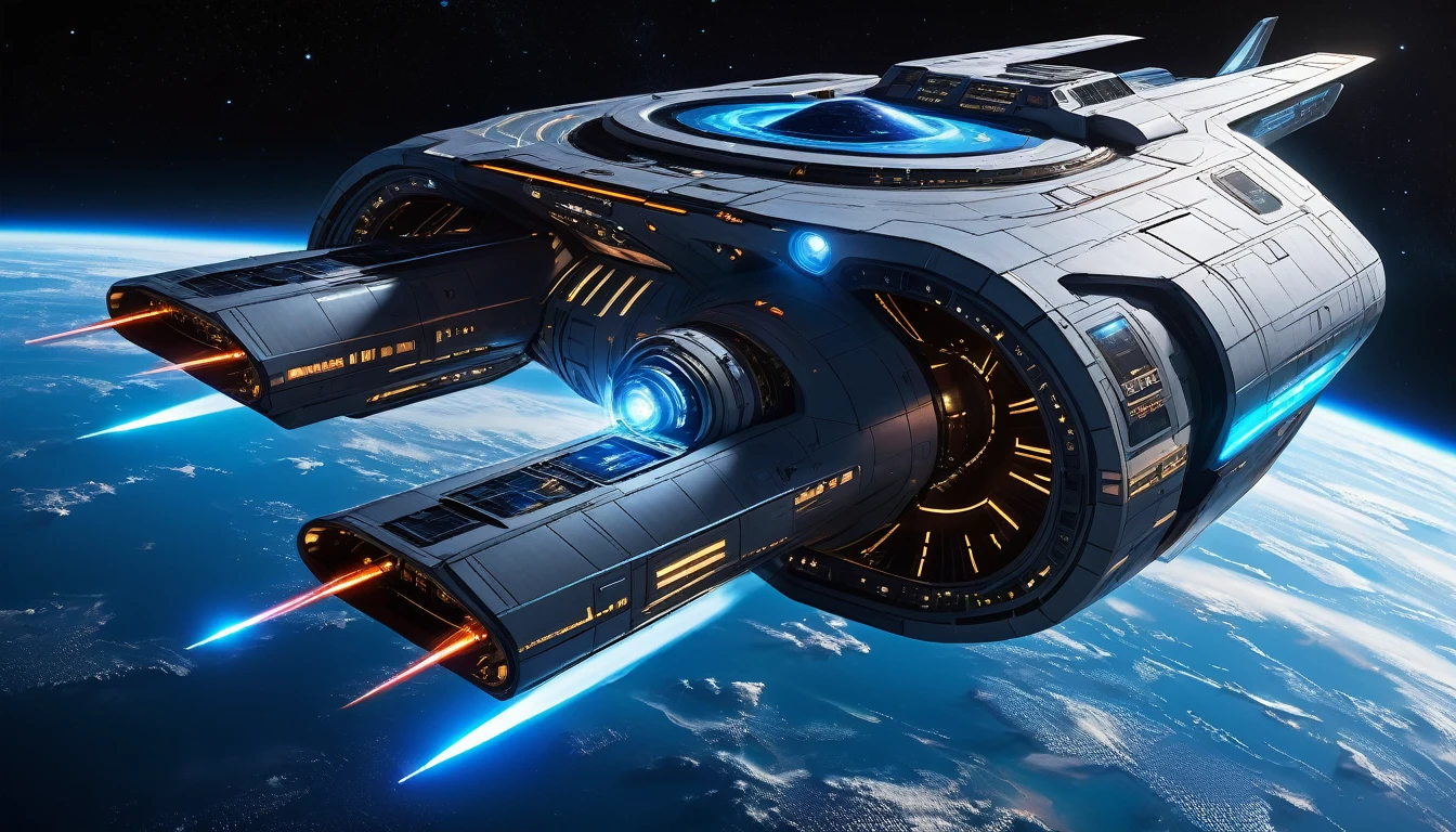 (Large space carrier),(Futuristic),(powered by advanced technology),(Stylish and stylish design),(Floating quietly in space),(A huge engine drives it forward),(Level 6,There is a stop),(Huge glass windows show the universe),(Surrounded by a protective force field),(Glows soft blue light),(Precision laser cannons are mounted on both sides),(Painted with Chinese symbols of strength and unity),(Accommodate a diverse crew from different cultural backgrounds),(Including engineers, Home, and astronauts),(wearing Futuristic uniforms),(Perform duties with precision and professionalism),(A busy command center,There is a holographic display and control panel),(The captain's room offers a stunning view of the stars),(Spacious botanical gardens,There are exotic plants from Earth and beyond),(Zero-G simulation and martial arts training facilities),(配备先进治疗technology的医疗舱),(A recreational area for crew members to rest and socialize),(Virtual reality rooms provide immersive entertainment),(Magnificent observation deck,Panoramic view),(Celestial bodies pass by in fascinating colors),(Create a sense of awe and wonder),(Capturing the essence of exploration and human ingenuity),(A timeless beauty that transcends borders and cultures),(Combined with art, technology, and the universe). (best quality, Extremely detailed),(Practical),(HDR),(Bright colors),(Clear focus),(Physically Based Rendering:1.2),(masterpiece:1.1),(Ultra HD),(Professional lighting),(Bokeh).