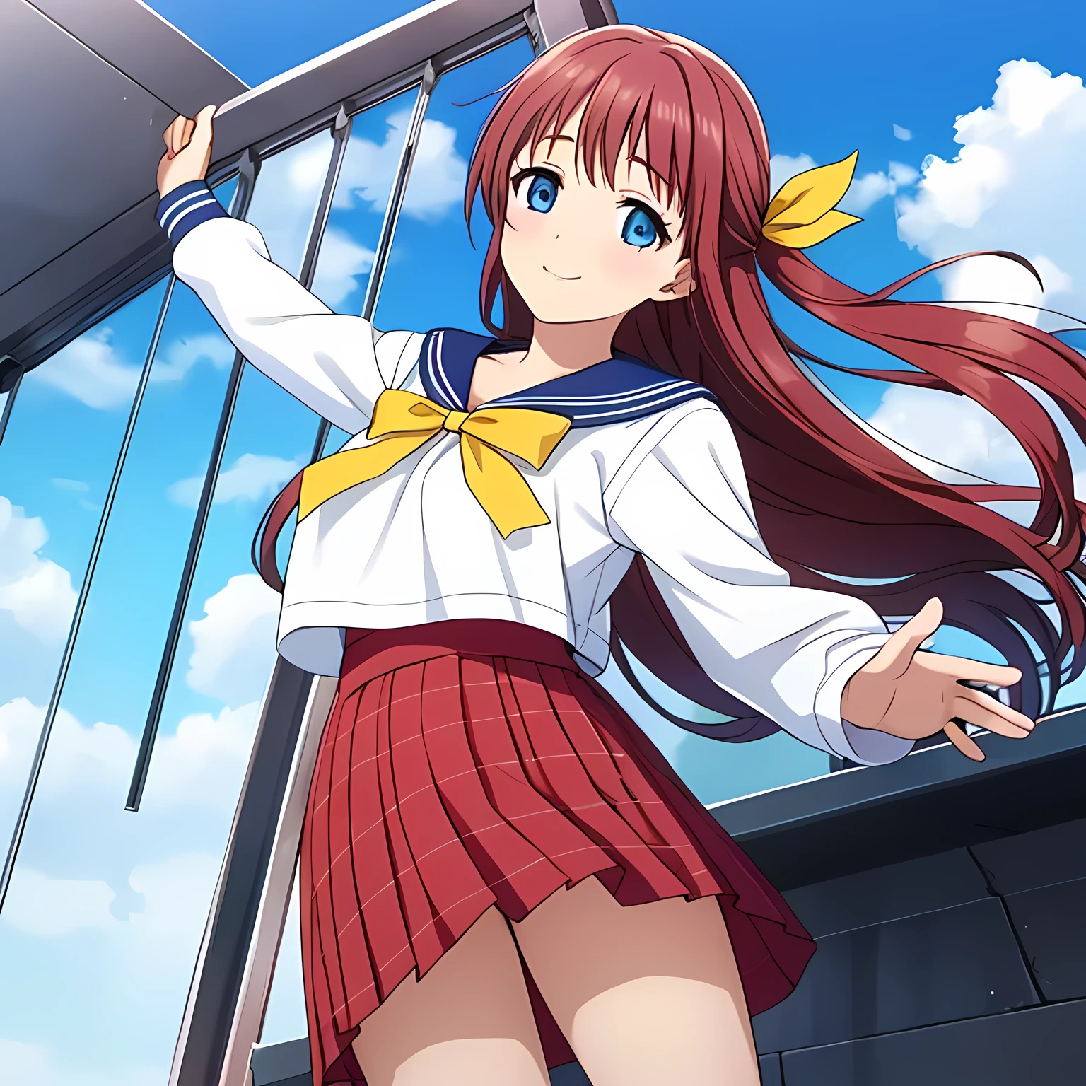 (highest quality, masterpiece:1.2), highest quality, High resolution, 1080p, 8K, CG of the heroine of a beautiful girl game, Height: 158cm, A beautiful heroine falls upside down from the deep blue sky with a smile on her face, A face that everyone loves, Glossy lips, Even bangs, Double, Long eyelashes on both the top and bottom, Big wide blue eyes, The very large and thick yellow ribbon bowtie is very cute., Beautiful, shiny red long hair, A neat red pleated skirt that reaches down to the knees, ((Red collar of sailor suit)), (((Light pink blouse))), Ribbon in hair, Thick calves, Tight waist, Navy blue pleated skirts fall from the sky, one after another., Approaching the viewer with open arms, ((now、Trying to kiss the viewer)), Shooting from below