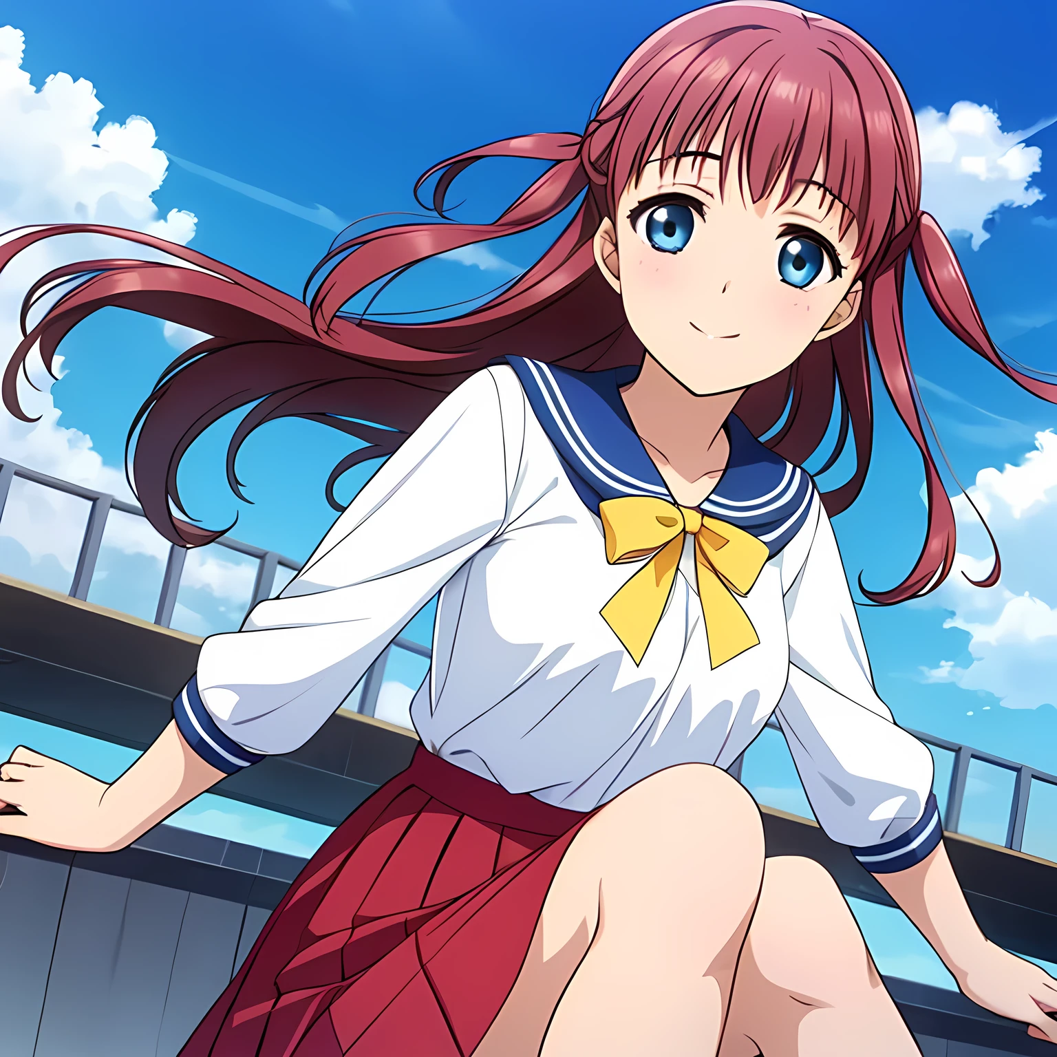 (highest quality, masterpiece:1.2), highest quality, High resolution, 1080p, 8K, CG of the heroine of a beautiful girl game, Height: 158cm, A beautiful heroine falls upside down from the deep blue sky with a smile on her face, A face that everyone loves, Glossy lips, Even bangs, Double, Long eyelashes on both the top and bottom, Big wide blue eyes, The very large and thick yellow ribbon bowtie is very cute., Beautiful, shiny red long hair, A neat red pleated skirt that reaches down to the knees, ((Red collar of sailor suit)), (((Light pink blouse))), Ribbon in hair, Thick calves, Tight waist, Navy blue pleated skirts fall from the sky, one after another., Approaching the viewer with open arms, ((now、Trying to kiss the viewer)), Shooting from below