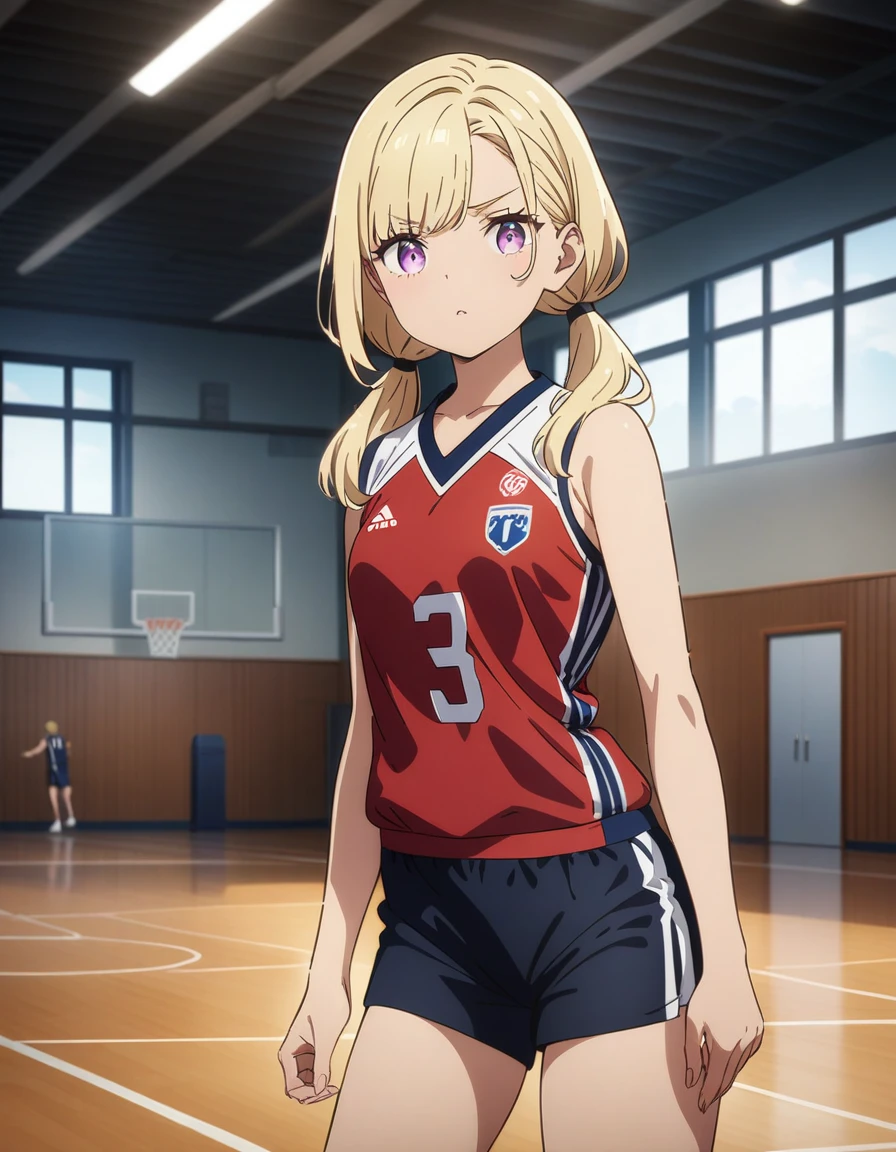 masterpiece, best quality, very aesthetic, absurdres, 1girl, beautiful face, small eyes, asymmetrical bangs, light blonde hair, low twintails hair, straight hair, small breasts, anime artwork, super fine illustration, ultra detailed, Wearing a volleyball uniform, practicing in a gymnasium, illustration style, cowboy shot, looking viewer
