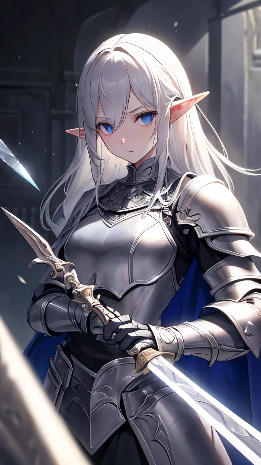 ((best quality)), ((masterpiece)), (detailed), perfect face, perfect detailed eyes, perfect detailed face, ultra-detailed nose, silver hair, messy hair, hair over eyes, medium hair, pale skin, forehead mark, pointy ears, cinematic lighting, chiaroscuro, elf, Female Knight, Elf Hero, (Wearing black armor, Hold a dagger in right hand), cowboy shot