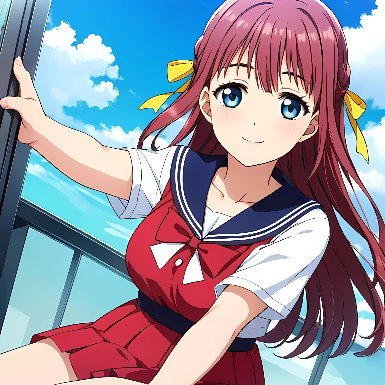 (highest quality, masterpiece:1.2), highest quality, High resolution, 1080p, 8K, CG of the heroine of a beautiful girl game, Height: 158cm, A beautiful heroine falls upside down from the deep blue sky with a smile on her face, A face that everyone loves, Glossy lips, Even bangs, Double, Long eyelashes on both the top and bottom, Big wide blue eyes, The very large and thick yellow ribbon bowtie is very cute., Beautiful, shiny red long hair, A neat red pleated skirt that reaches down to the knees, ((Red collar of sailor suit)), (((Light pink blouse))), Ribbon in hair, Thick calves, Tight waist, Navy blue pleated skirts fall from the sky, one after another., Approaching the viewer with open arms, ((now、Trying to kiss the viewer)), Shooting from below