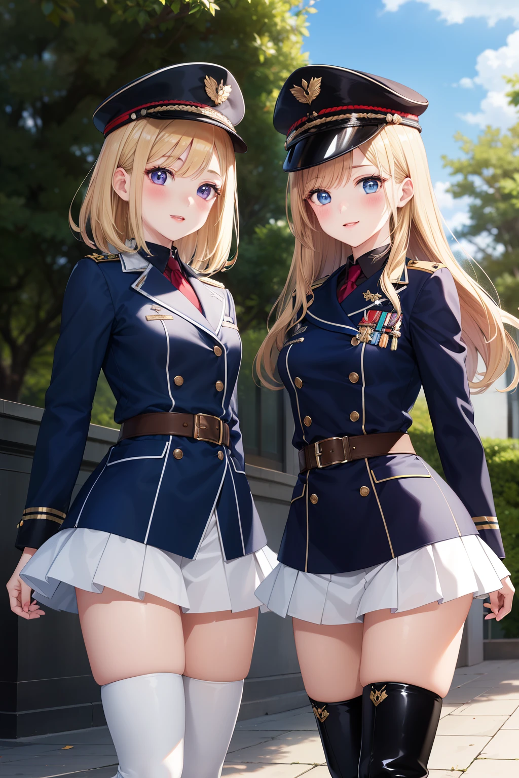 masterpiece, ultra-detailed, illustration, game cg, best quality, highres, kitagawa marin, 2girls, (multiple girls), blonde hair, swept bangs, gradient hair, beautiful detailed eyes, glossy lips, light smile, blush, military hat, miniskirt, tight closed jacket, thigh boots, standing, blue sky