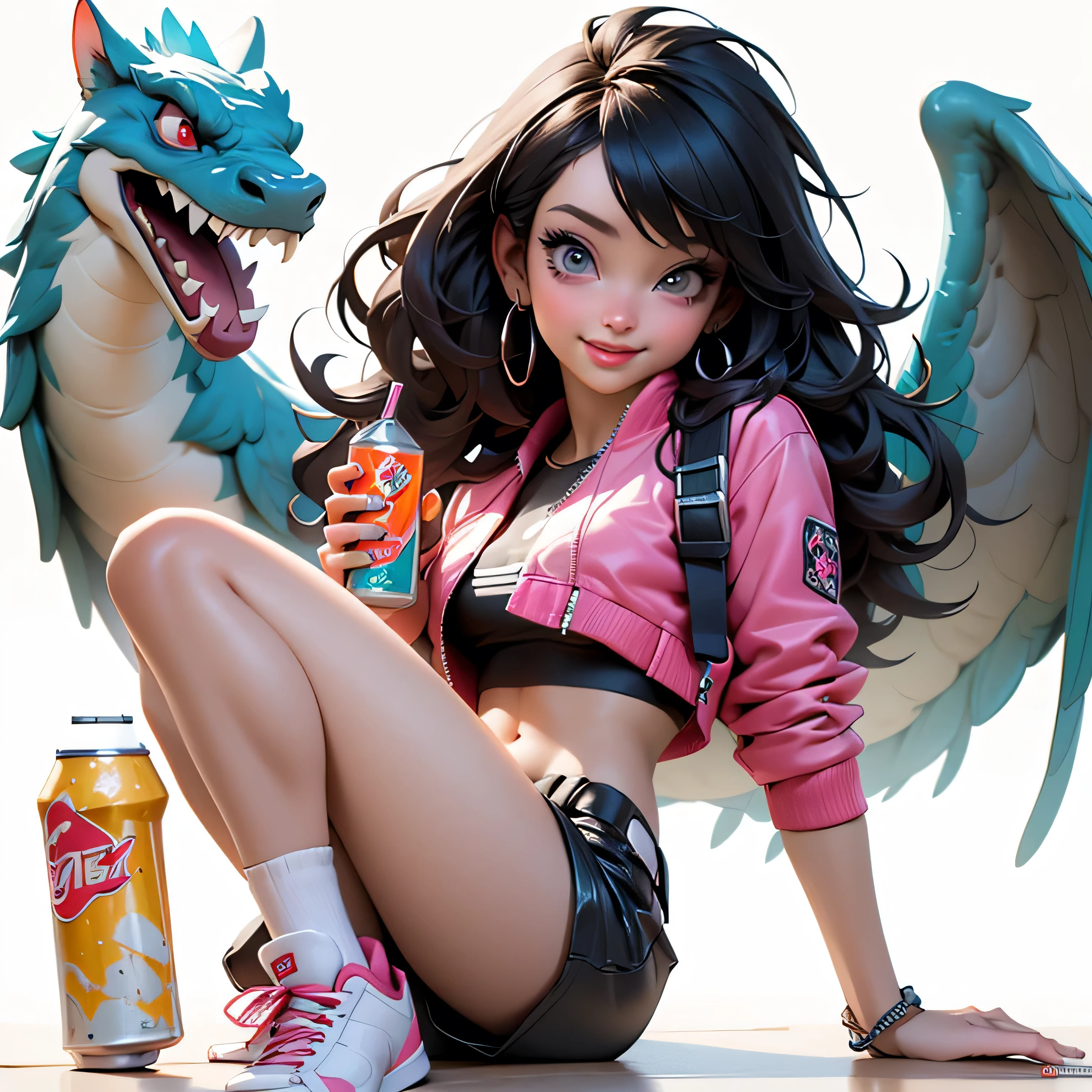 ((Best Quality, best resolution, award-winning portrait, official art)), ((perfect Masterpiece)), ((Realistic)) and ultra-detailed photography of a 1nerdy woman, 25 year old, with goth and post apocalyptic colors. She has ((long whispy long Black-colored hair)), wears a (Pink Bomber Jacket with a white Tshirt and a Black Crop top) and a (Harajuku-inspired shorts:1.2) , ((the most beautiful and sexy aesthetic)),drinking a can of soda and holding a bag of chips, Show the whole body, Leaning back, Head tilt, winking, laughting, white background, Smiling. Knee high socks, Dynamic pose Full Body, worms eye view