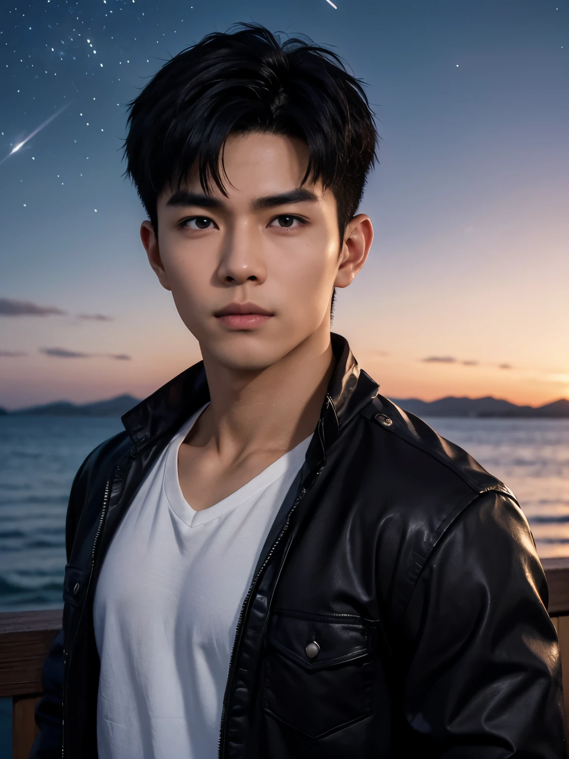 (photorealistic, masterpiece, 8K, HD, portrait, closing up on face, intricate details, soft lighting, absurdres), a handsome young vietnamese man, soldier, 25 years old, strong, brave, determined, confident, manly, intimidating, mischievous, hot, attractive, smirking, detailed face, red eyes, detailed eyes, sharp eyes, looking at viewer, wearing a jacket with rolled up sleeves over a shirt, casual wear, tanned skin, fit, black hair, short hair, spiky hair, outdoors, pier, dawn, stars, constellation, cosmical, dreamy world, surrealism, ethereal