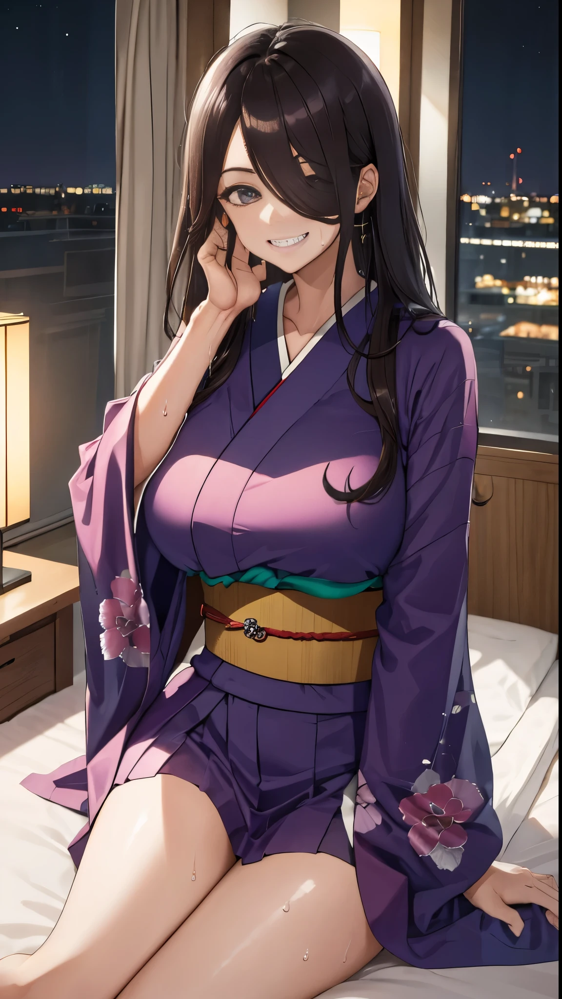 highest quality、Highest quality、masterpiece、high-end、

Hair on one eye,
(kimono:1.28),
smile,Mouth closed,
Lady,Mature Woman, Cowboy Shot,
(Dark Room:1.5, Love hotel beds in Japan:1.5, Detailed Background:1.18),
High resolution,Official Art,original,masterpiece,highest quality,
(Huge breasts),
 (Oily skin),((steam,sweat))
Lying on the futon in a sexy pose