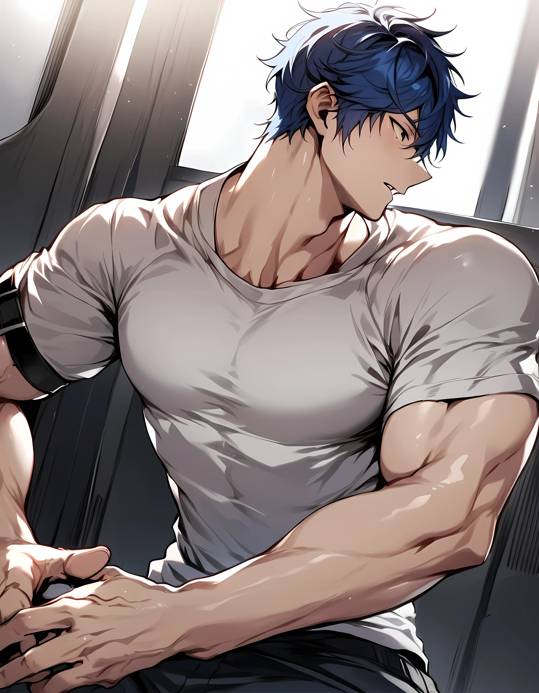 (masterpiece:1),great,best,1boy, muscular male, blue hair, shirt,