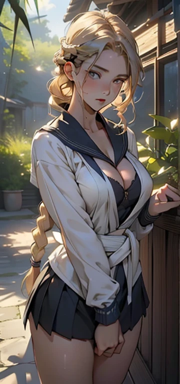 1 female,25 years old,Slim,Large Breasts(((Large Breasts、Breast sagging、Low-cut,Cleavage ,Wide hips,)))((Long legs)),Hourglass figure)),,long legs,Big breasts and thin waist,exposure, solo,(background:bamboo forest,Standing in the sea of flowers,In the summer) She has short blonde hair,stand up,Sweating,Soaked,从front看, braids, partly cloudy,(((masterpiece),(Very detailed CG Unity 8k wallpaper),Best quality,light,详细background,Beautiful and delicate eyes,Smart pupils,(Very delicate and beautiful),(Beautiful and detailed description of the eyes),Extremely detailed,masterpiece,)),Facing the camera,high resolution,Extremely detailed),Exposing breasts,Exposed genitals, Convex,Camel toe,性感Convex显,complexion,Open your mouth,front,Primary school students(Wear:Sailor Suit,Black socks,)nude,Upper body photo