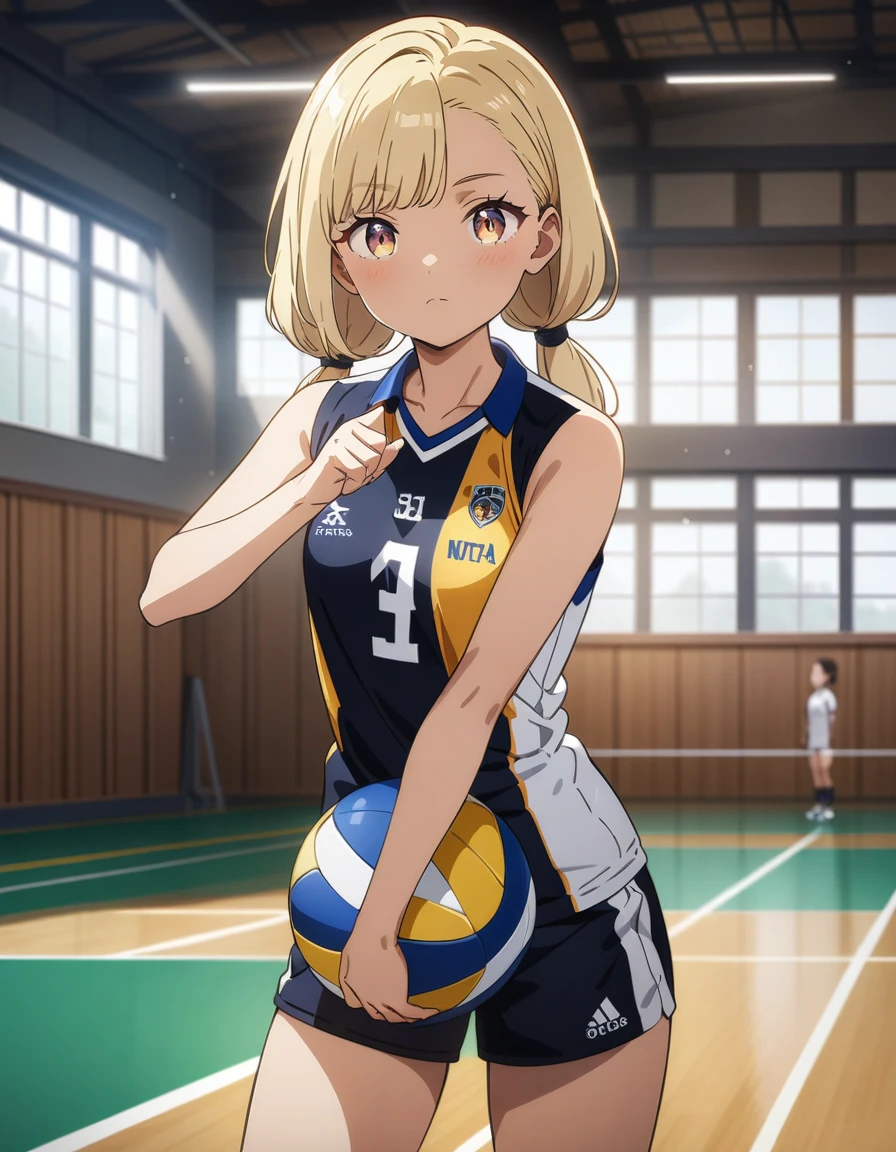 masterpiece, best quality, very aesthetic, absurdres, 1girl, beautiful face, small eyes, asymmetrical bangs, light blonde hair, low twintails hair, straight hair, small breasts, anime artwork, super fine illustration, ultra detailed, Wearing a volleyball uniform, practicing in a gymnasium, illustration style, cowboy shot, looking viewer
