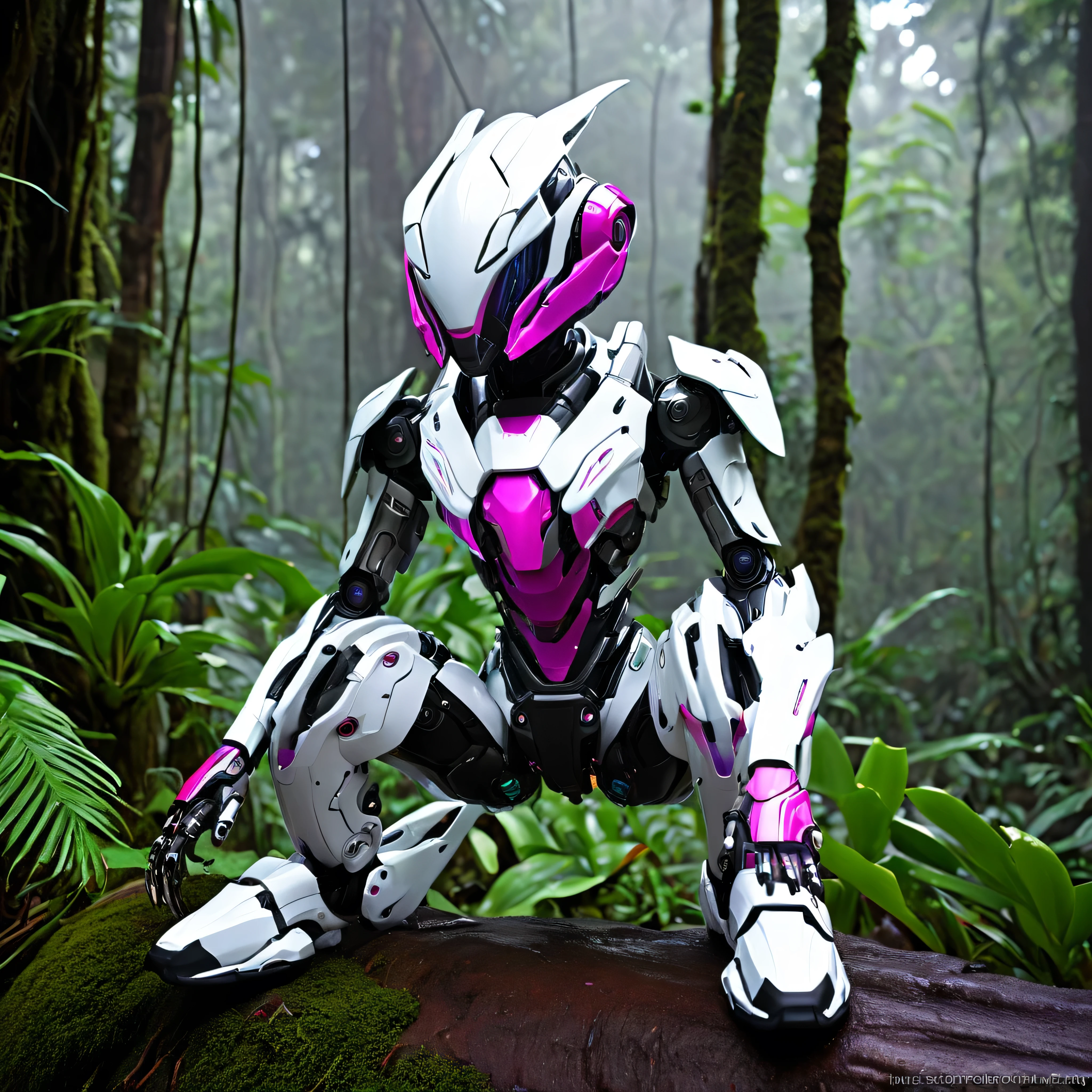 create a hyper-realistic ( RAW,analog), highly detailed distinctive mecha designs chibi kawai cyborg blends organic and mechanical elements seamlessly, with translucid painted with fushia accent color translucid glowing helmet, orchid mantis psychotic skinny muscular structures, and matte white mechanical components, wears orchid mantis pyschotic tactic body armors and legs armor, wear matte white boots, sitting on the branch of giant-tree in the shady rain forest, misty, dystopian photography, discomfort moments, louish art styles, ultra unique natural texture, slight imperfections