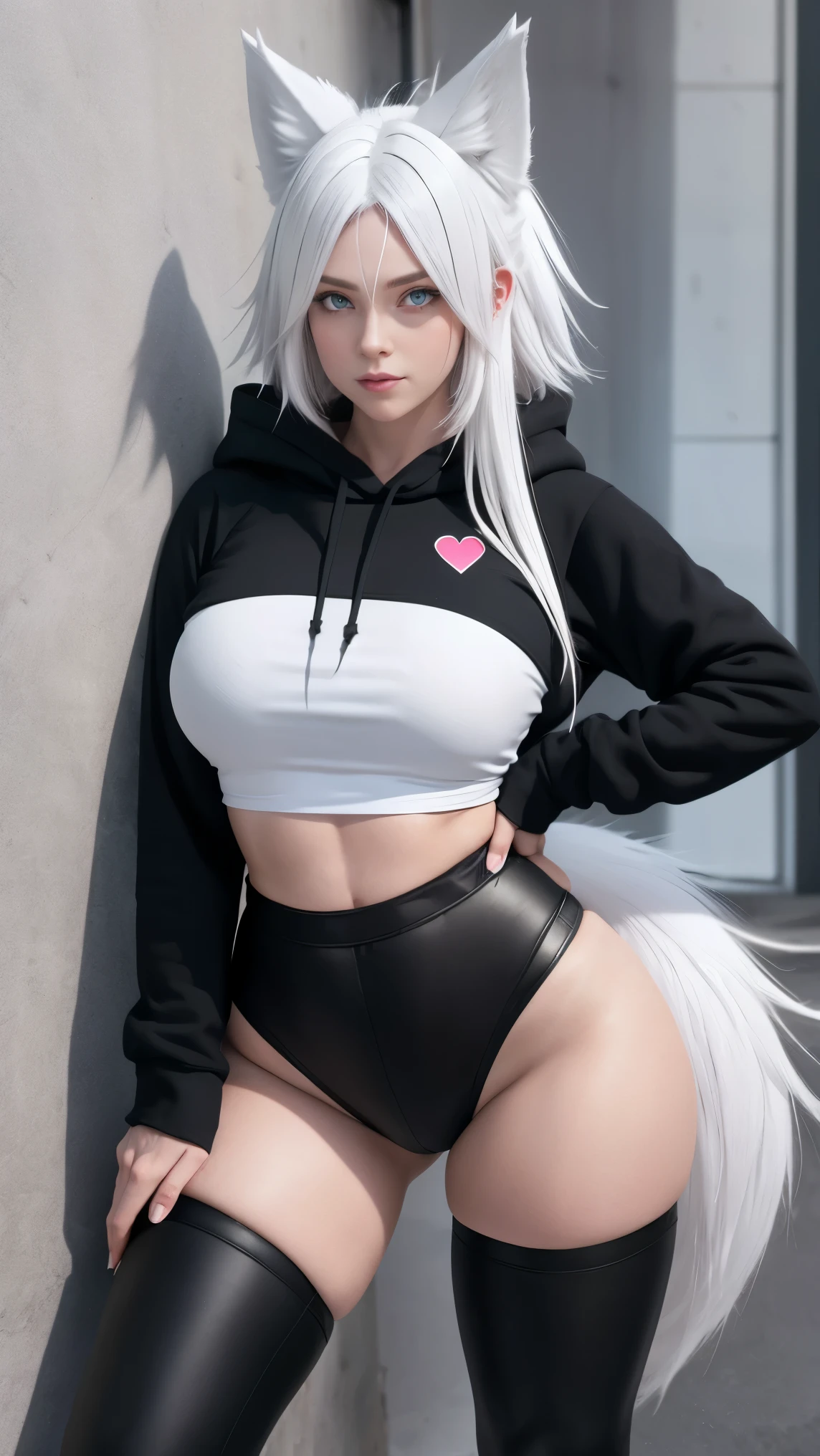 Single girl, Anime Short, Long white hair, wolf ears, wolf tail, blue eyes, wearing cute pink thong, thigh high socks, black combat boots, huge chest, super flat chest, solo only one ((huge CHEST)), wide hips, thicc thighs, happy, crotch bulge (CROTCH BULGE), yoga leggings, wearing cropped black hoodie, solo, alone good hands 1k