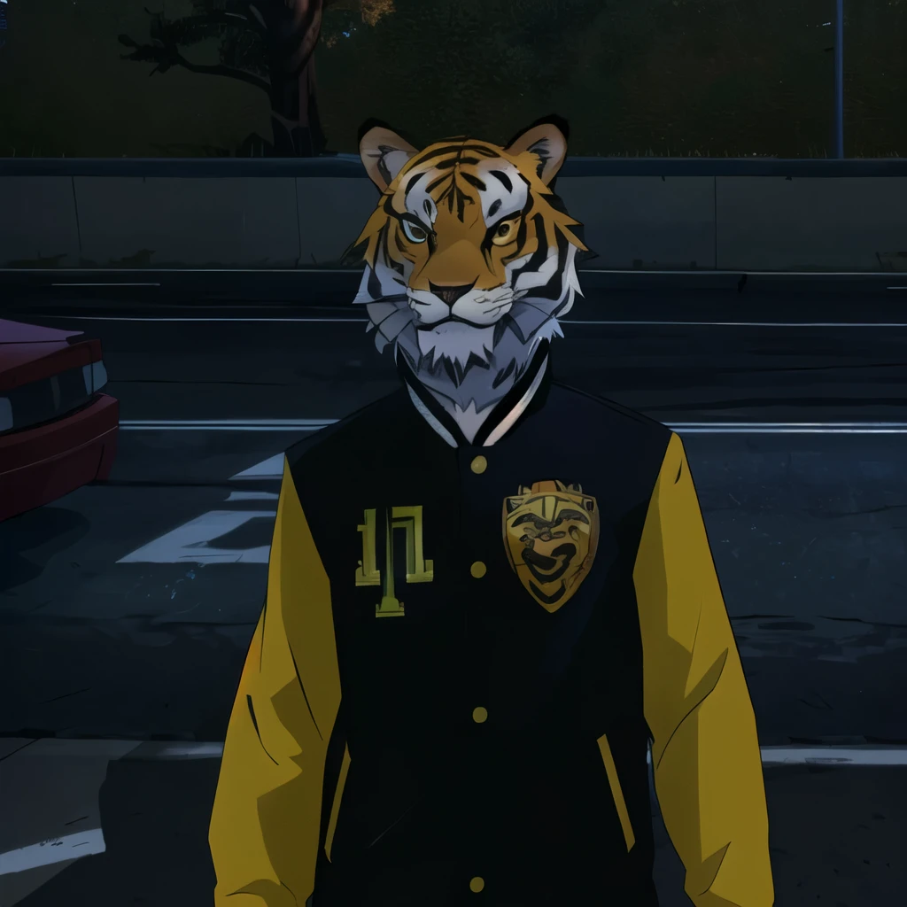 there is a man wearing a Tigre mask in a parking lot, como um personagem do GTAV, anthropomorphic Tigre, ((Tigre)), Saint Row Fursuit Tails Mod, Tigre head, personagem gta v, estilo de rua gta v, personagem gta, wearing a dead lion costume jacket, no gta v, estilo gta5, Tigre_fera, com rosto muito detalhado