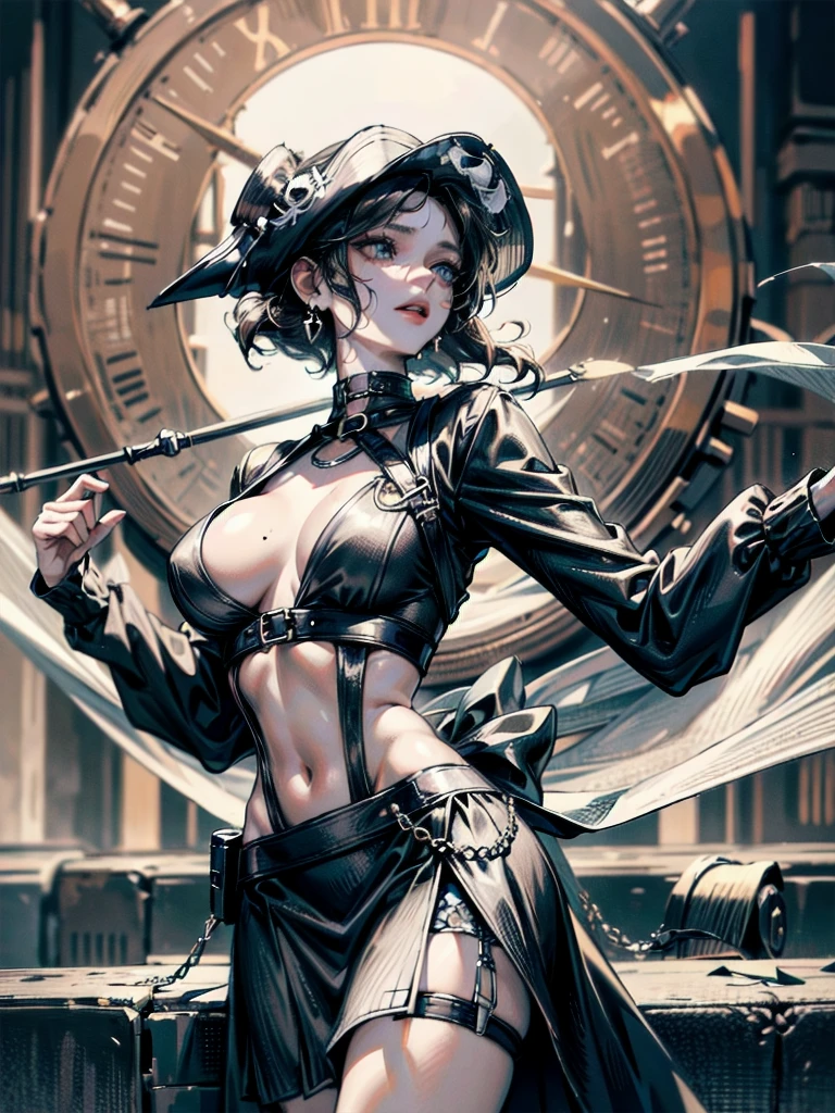 absurdres, RAW photo, extremely delicate and beautiful, masterpiece, Best Quality, ultra high resolution, 32k, hyperrealistic, ultra-detailed, detailed description, perfect anatomy, pale skin, 20 years old, detailed beautiful face and eyes, tearful mole, earring, short medium hair, wavy hair, whole body shot, colossal tits, Practical pirate clothing, Long-sleeved pirate top, Skirt,