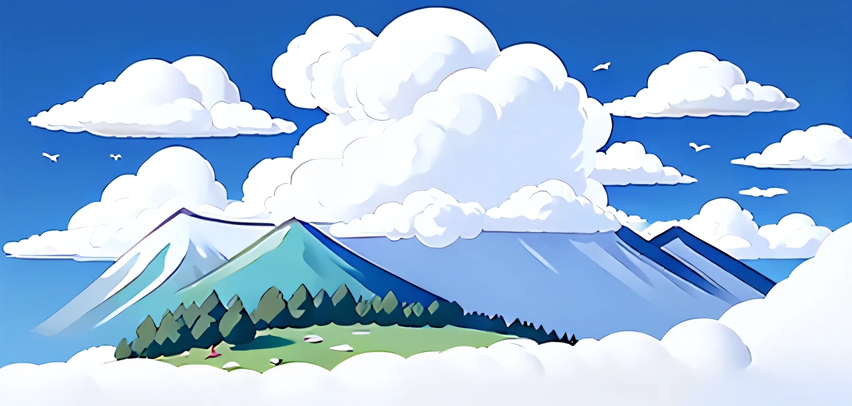 sun、Blue sky、White Cloud、Mountain、Small Flower