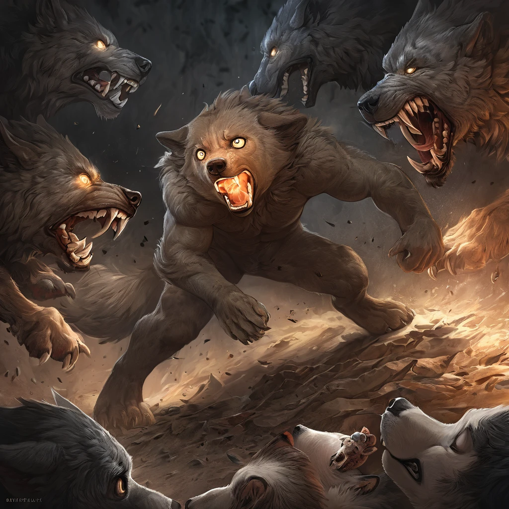 a young cute twink boy, extremely detailed face and body, big innocent eyes, beautiful detailed lips, extremely detailed skin, perfectly smooth skin, adorable, , fragile, vulnerable, helpless, terrified expression, surrounded by a group of large, muscular, ferocious wolves, extremely detailed fur, sharp fangs, glowing eyes, aggressive poses, dynamic action, intense, gritty, visceral, grungy, gritty, masterpiece