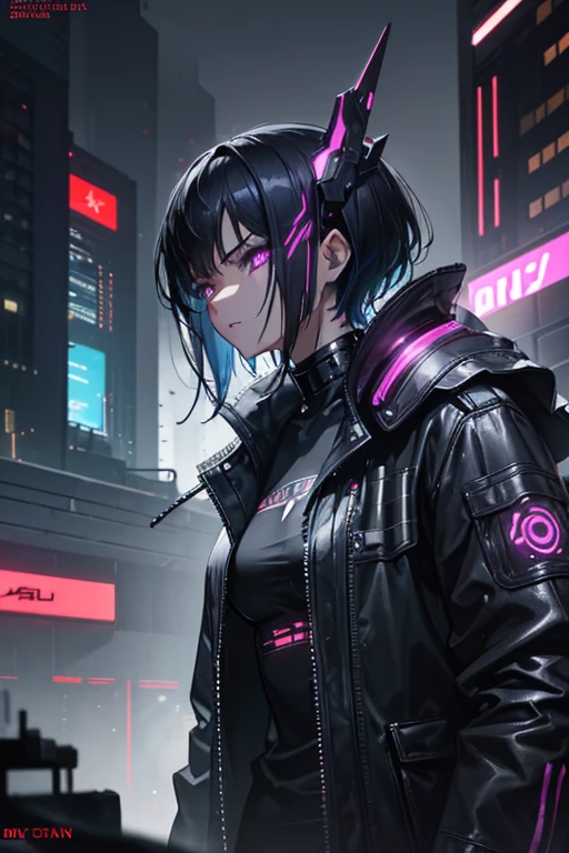a woman with short spiky black hair, dark skin, purple eyes, a scar on her cheek, wearing cyberpunk style clothes, intricate details, cinematic lighting, dramatic colors, neon lights, sci-fi urban setting, (best quality,4k,8k,highres,masterpiece:1.2),ultra-detailed,(realistic,photorealistic,photo-realistic:1.37),cyberpunk,digital art,science fiction,concept art,hyper detailed