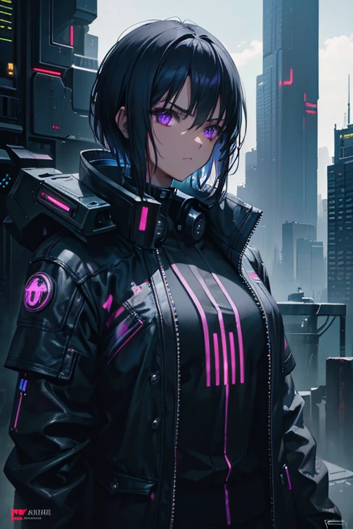 a woman with short spiky black hair, dark skin, purple eyes, a scar on her cheek, wearing cyberpunk style clothes, intricate details, cinematic lighting, dramatic colors, neon lights, sci-fi urban setting, (best quality,4k,8k,highres,masterpiece:1.2),ultra-detailed,(realistic,photorealistic,photo-realistic:1.37),cyberpunk,digital art,science fiction,concept art,hyper detailed