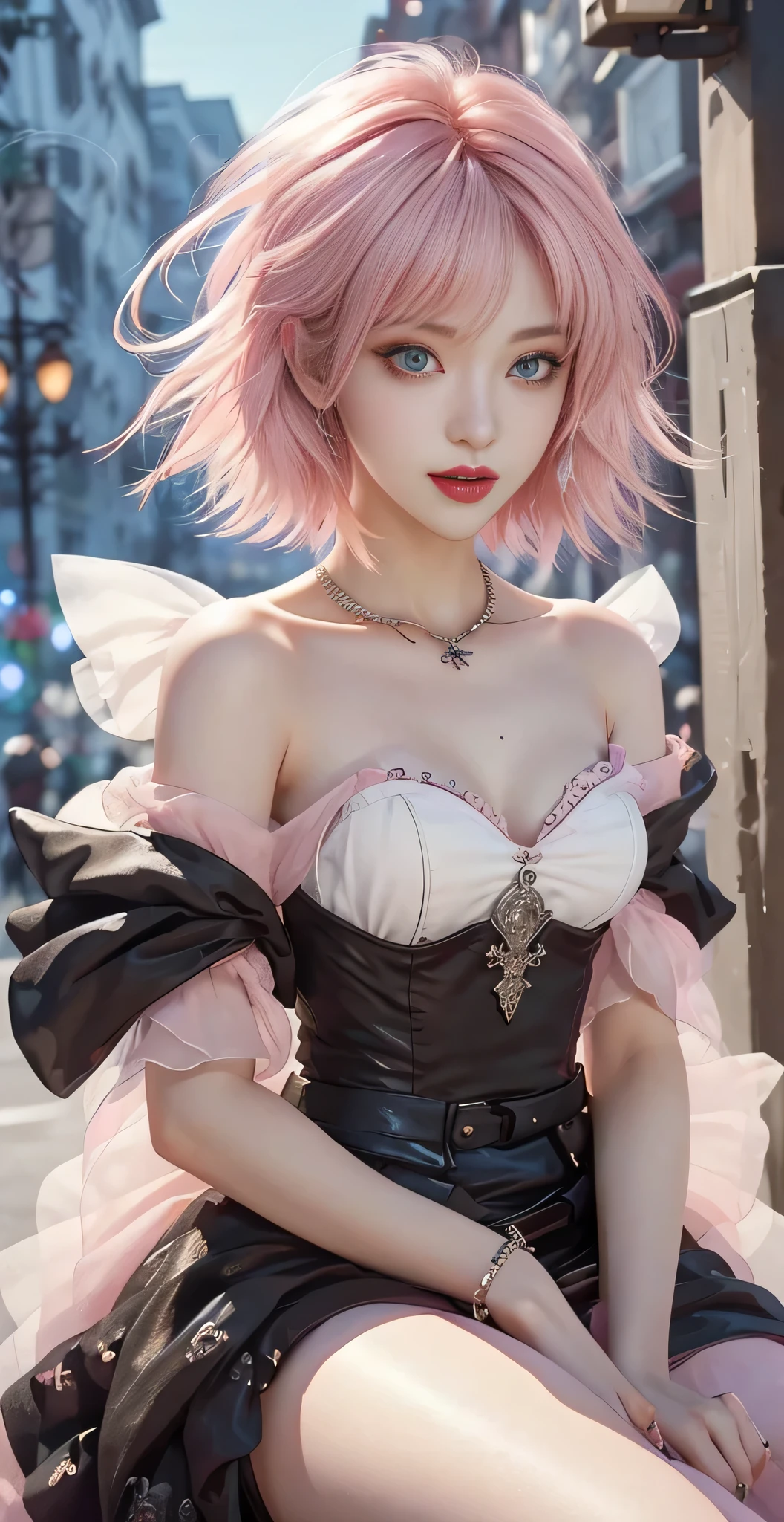 ​masterpiece, top-quality, ((1womanl)), Adults, different color, finely eye and detailed face, intricate detailes, Casual black and white attire((Sexy clothes)), window, A smile, Happiness, tenderness, high-level image quality、 selfee, Beautuful Women、tall、a small face, D-cups, The upper part of the body、nightfall, nighttime scene、𝓡𝓸𝓶𝓪𝓷𝓽𝓲𝓬、Korea person, Idol Photos, Model photo, k pop, Professional Photos, Vampires, Korean fashion in black and white, Fedoman with necklace, inspired by Sim Sa-jeong, androgynous vampire, :9 detailed face: 8, extra detailed face, detailed punk hair, ((eyes are brown)) baggy eyes, Seductive. Highly detailed, semi realistic anime, Vampires, hyperrealistic teen, Delicate androgynous princess, imvu, ((short hair woman)), Pink hair woman with wild look, Sexy look, ((Woman with short pink hair)), ((1 persons)), Sit down and sexy pose,