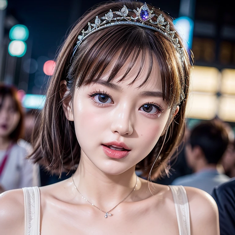 masterpiece of professional Analog photo, realistic and photorealistic with touch of rawness, (a close-up portrait of a tiny princess wearing white thongs on a city street), Dusk violet Sky, intricate lighting effects with light particles, (many colorful lights dazzling bokeh), Traffic lights, crowd of tiny girls enjoying summer festival, { Childish | Gigantic Cleavage }, (((NOGIZAKA))) Extremely Detailed very KAWAII face variation, perfect anatomy, captivating gaze, elaborate detailed Eyes with (sparkling highlights:1.2), long eyelashes、Glossy RED Lips with beautiful details, Coquettish tongue, Rosy cheeks . (Dynamic joyful expressions), { pleasure in agony | Ecstasy | :D | screaming | Perplexed }, Mystic sight . hair and eye color is same color, { Red leather high collar | Red ribbon }, from diagonally angle. short bob, Tiny princess tiara .