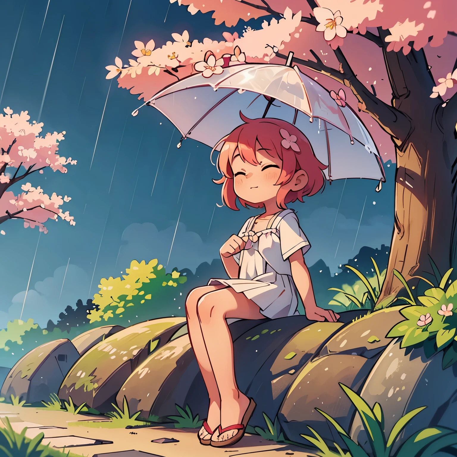 High resolution: summer rain, sweet scent, blooming cherry blossom trees in background, warm night, sun rays, mist, vibrant colors, weightless, dreaming.