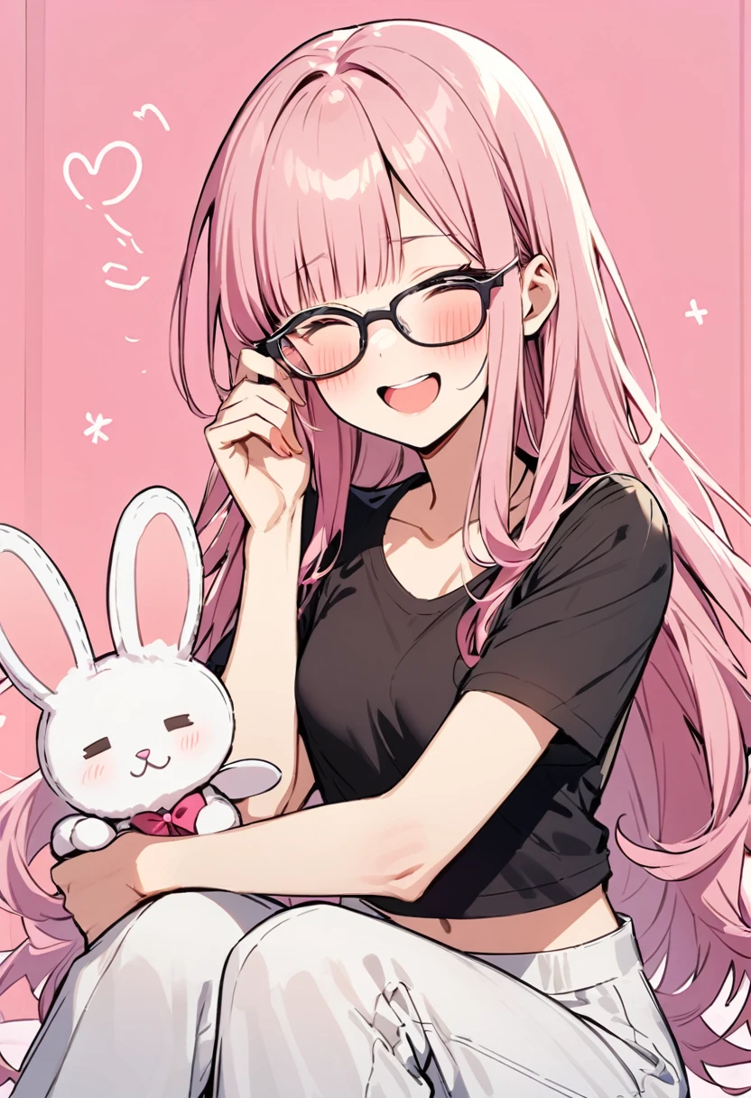 pink curtain bangs with long layer hair, black crop top, white small pants, happy face, using glasses, blushing face, holding an a bunny plushies